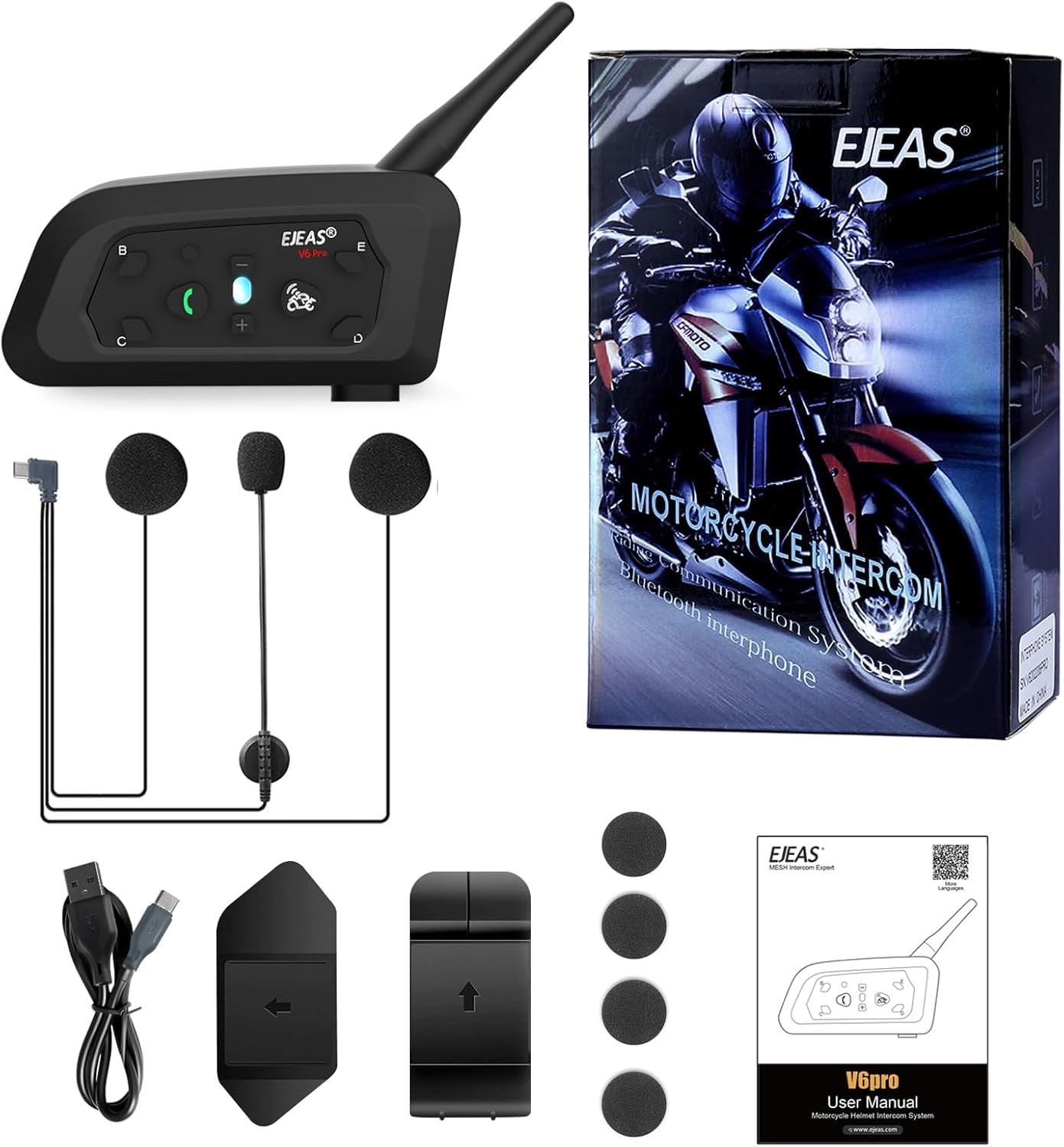 EJEAS V6 Pro Motocicleta Auricular Bluetooth, 2 Riders Intercom Casco Sistema de Comunicación con Auto-contestar la Llamada y la reducción de Ruido para el Motociclismo Esquí y Escalada (1 Pack)