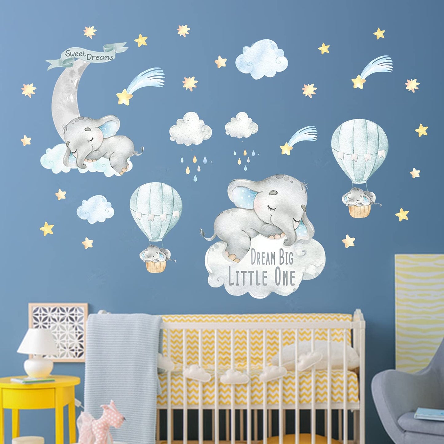 Yovkky - Calcomanías de Pared con Diseño de Elefante de Acuarela Azul, Luna y Globo de Aire Caliente, Decoración para Cuarto de Bebé, Habitación, Sala de Juegos, Vinilo Extraíble e Impermeable
