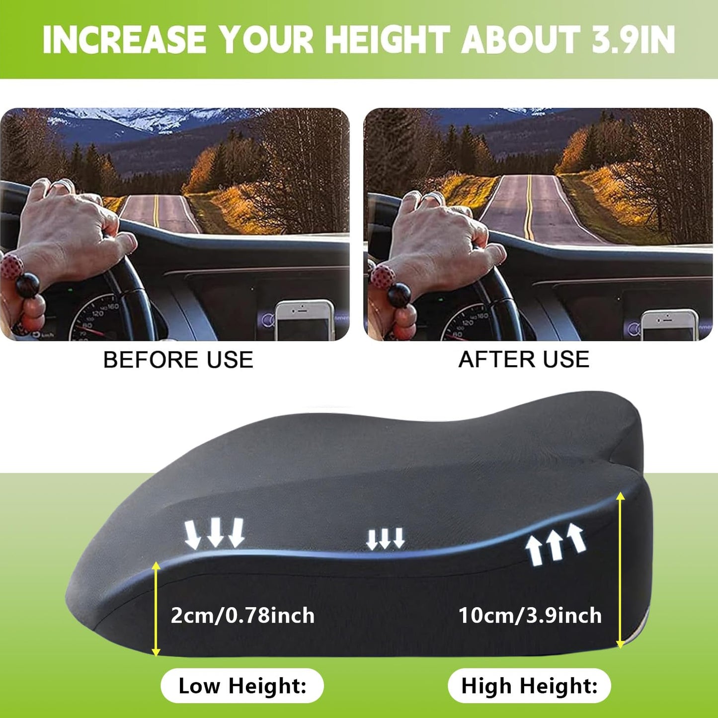 BTOOTB Cojín Elevador de Asiento de Coche para Adultos, 10 cm Cojín Elevador para Asiento de Auto de Espuma Viscoelástica, Adecuado para Cojines de Asiento de Coche y Cojines de Oficina