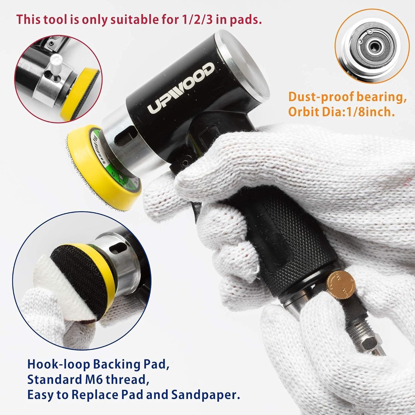 Mini Lijadora Orbital Neumática UPWOOD Azul con Kit de Almohadillas y 24 Papeles de Lija