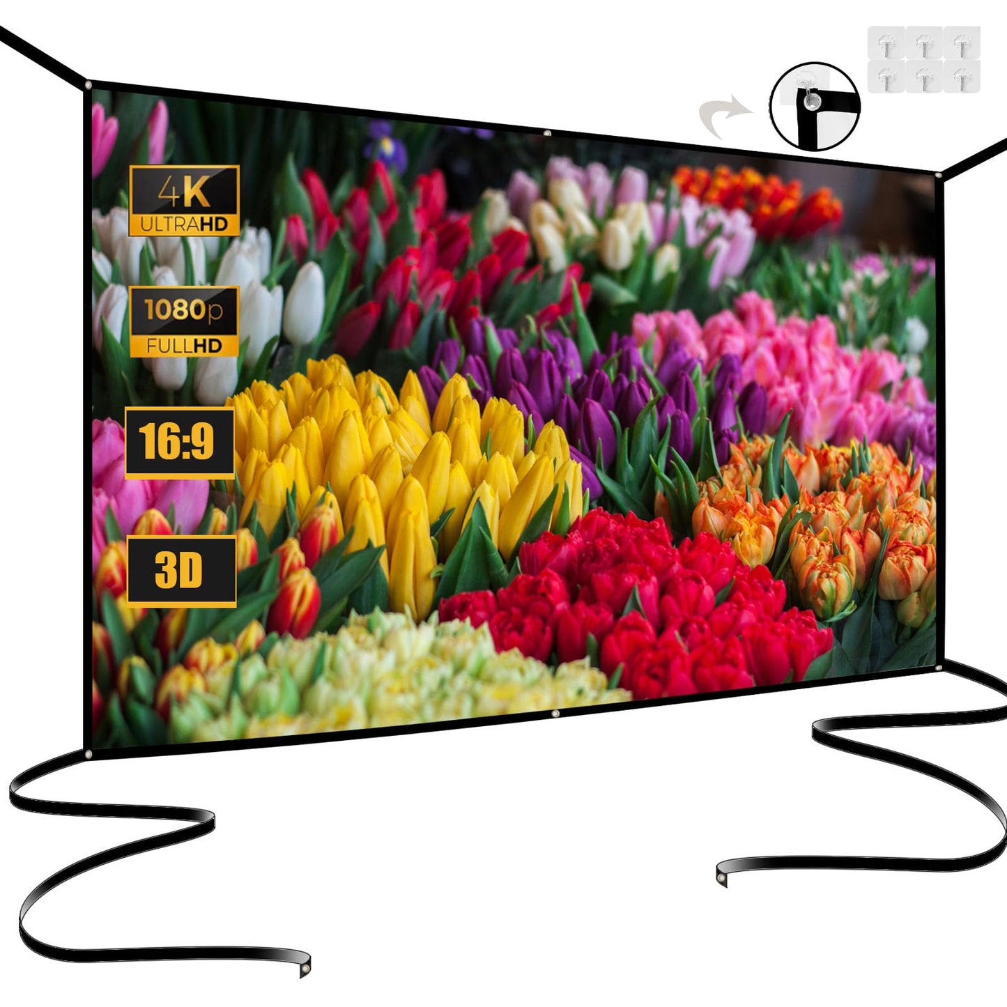 Pryznal - visualización de proyector plegable de 72 pulgadas, diseño de cuerda de 4 esquinas, portátil antiarrugas 16:9 HD para exteriores, para camping, fiestas y cine en casa