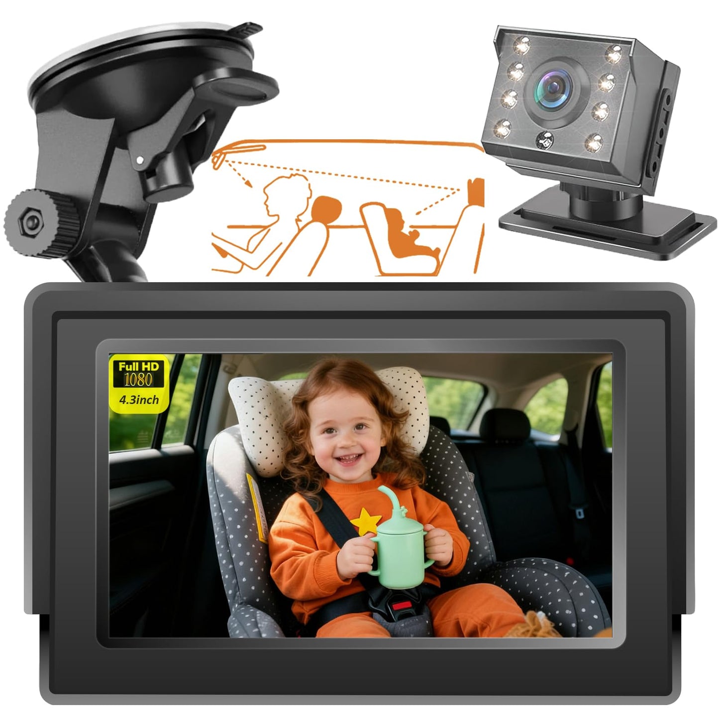KASIKAI Cámara para Bebé Asiento Trasero HD 1080P, Pantalla 4.3'' Espejo Retrovisor con 8 Leds Visión Nocturna, 150° Ángulo Amplio y 360° Giratorio, Monitor para Carro Bebé, Cámara Coche Infantil
