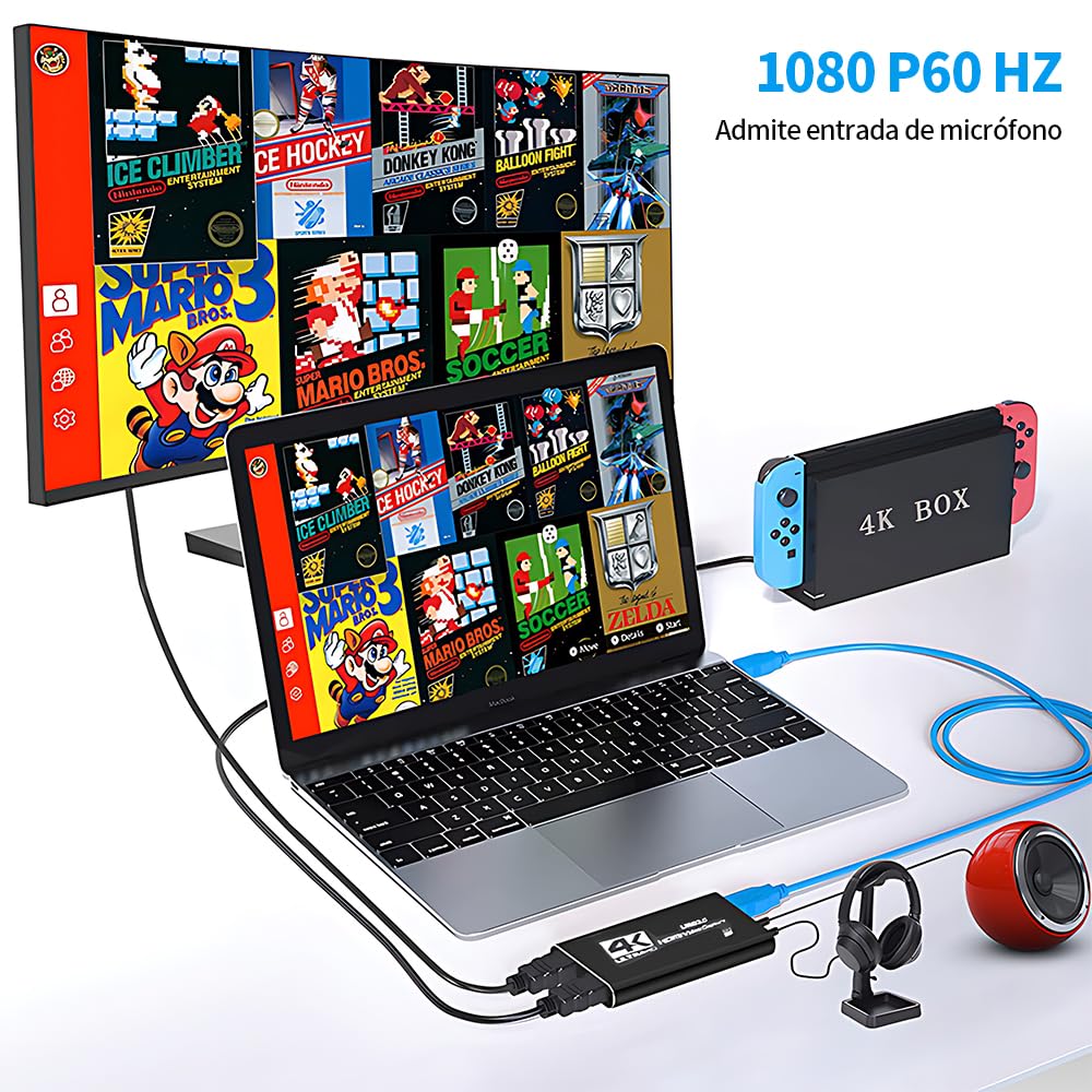 vantisan Capturadora de Video HDMI, 4K HDMI a USB3.0 Video Converter, 1080P@60Hz Video Tarjeta de Captura de Juego,con Entrada de Micrófono de 3.5mm, para Windows, Linux OS, Mac OS, OBS