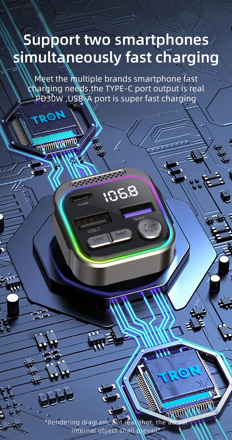 Transmisor FM Inalámbrico Tron Negro Carga Rápida Bluetooth Doble USB-C y USB-A para Coche