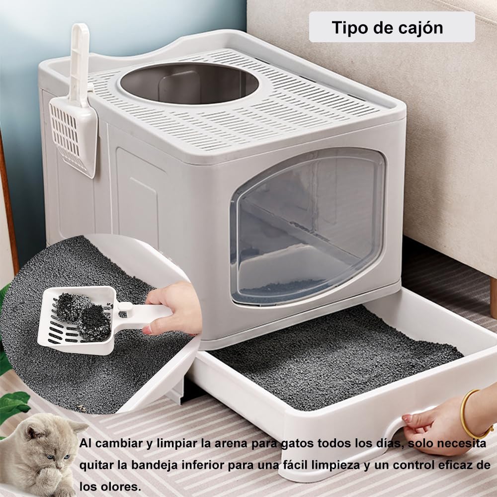 Arenero/Inodoro para Gato con Pala de Plegable, Caja de Arena para Gatos Removibles 51*44*41cm con Puerta Superior&Puerta Lateral Móvil de dos Direcciones, Antiolor y a Prueba de Salpicaduras (Gris)