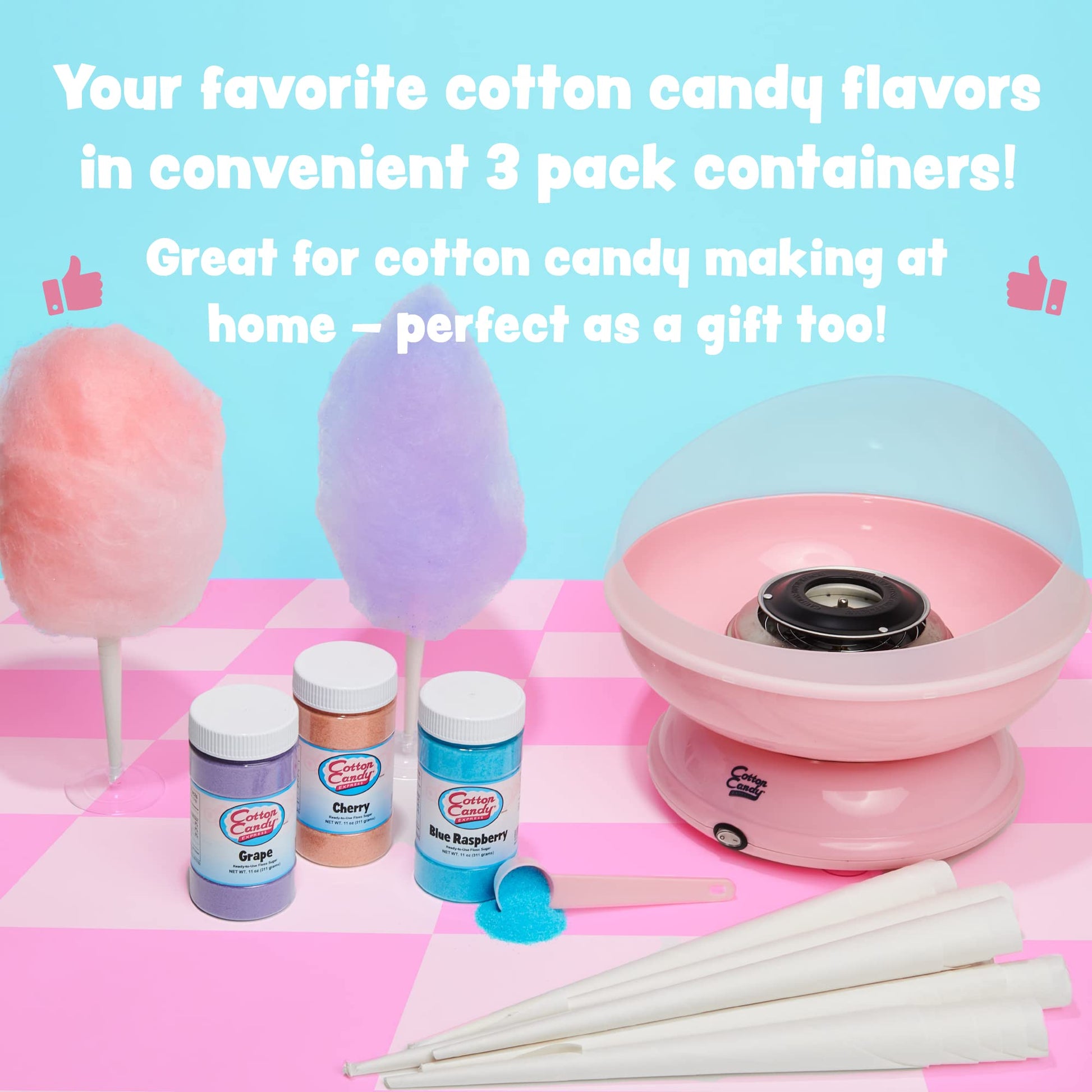 Máquina de algodón de azúcar Cotton Candy Express [rosa] | La mejor máquina de algodón de azúcar para uso doméstico | Máquina de algodón de azúcar con conos de papel a rayas incluidos y una cuchara de azúcar de hilo, Rosado claro, Machine with 3 Flavors,