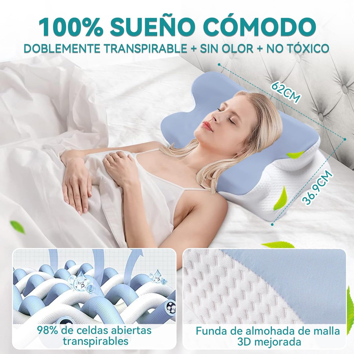 LINGLUCKY Almohada Memory Foam 2en1, Almohada Cervical Ortopédica Ergonómica para Aliviar el Dolor de Cuello,Soporte Ortopédico Contorneado para Personas Que Duermen de Lado,Boca Abajo y Boca Arriba