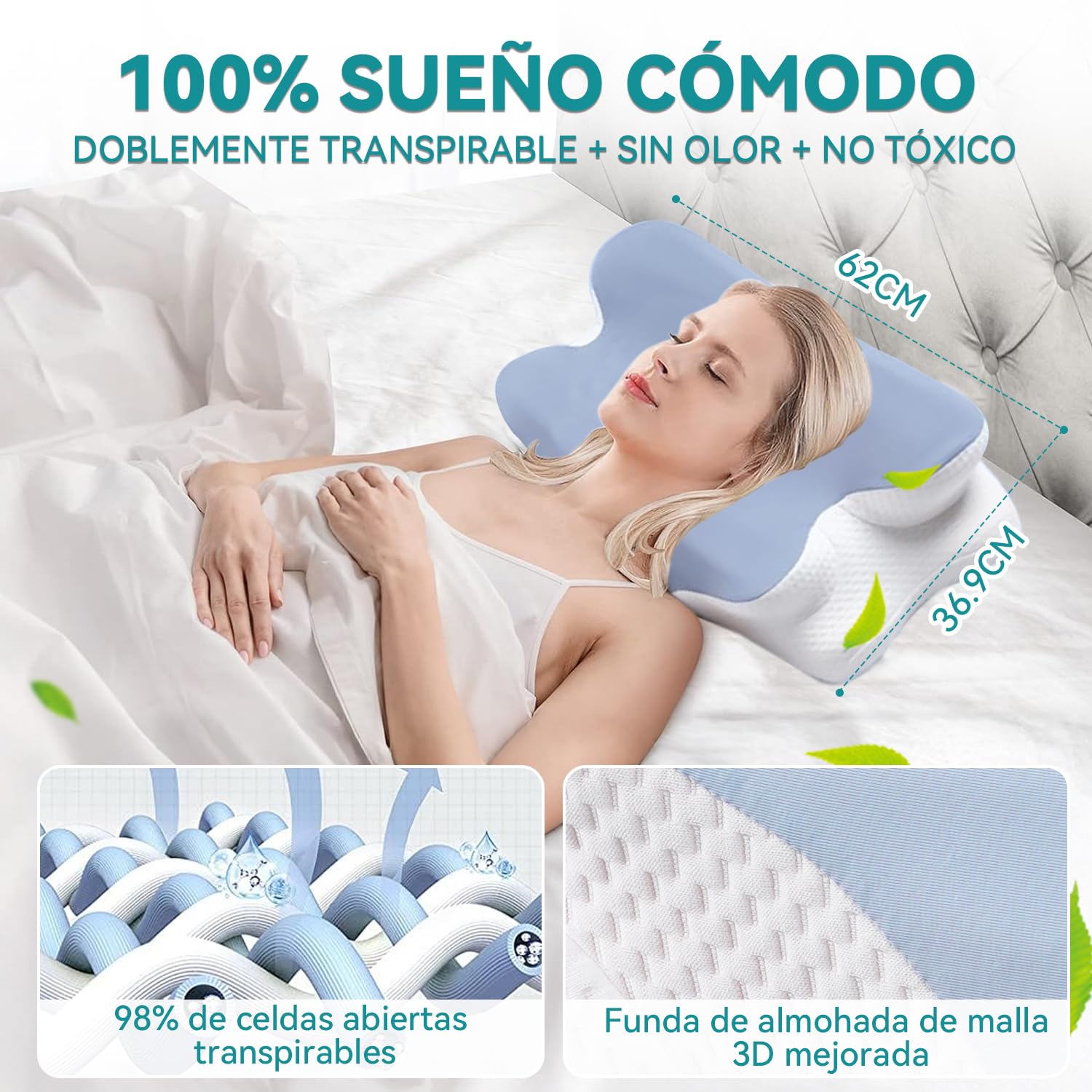 LINGLUCKY Almohada Memory Foam 2en1, Almohada Cervical Ortopédica Ergonómica para Aliviar el Dolor de Cuello,Soporte Ortopédico Contorneado para Personas Que Duermen de Lado,Boca Abajo y Boca Arriba