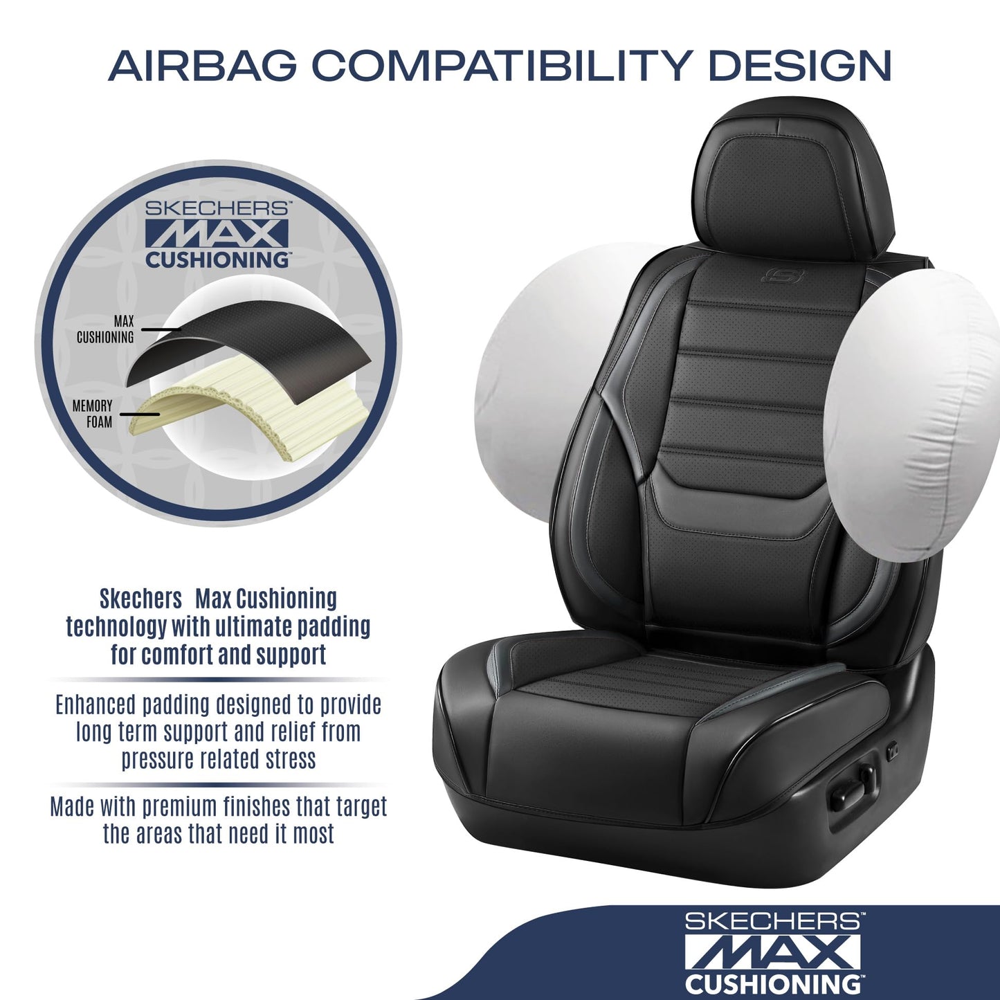 Skechers MAX Cushioning - Fundas de asiento de coche, fundas de asiento de coche de cuero y espuma viscoelástica, impermeable, protector de asientos de coche, asientos delanteros, cojín de asiento de