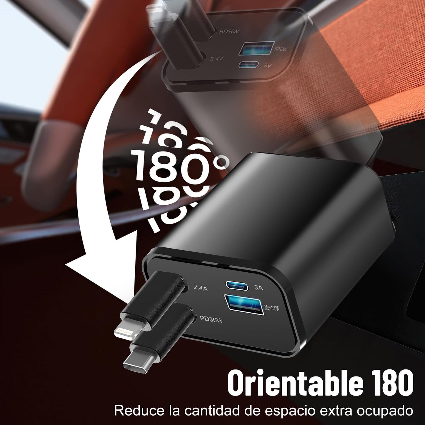 YCQYNHQ Cargador para Auto, Cargador USB C 4 en 1 de 100W+30W Carga Rápida, Cables retráctiles (80cm)y adaptador de cargador de coche de 2 puertos USB, Compatible con iPhone 16 15 14 13,Galaxy, Xiaomi