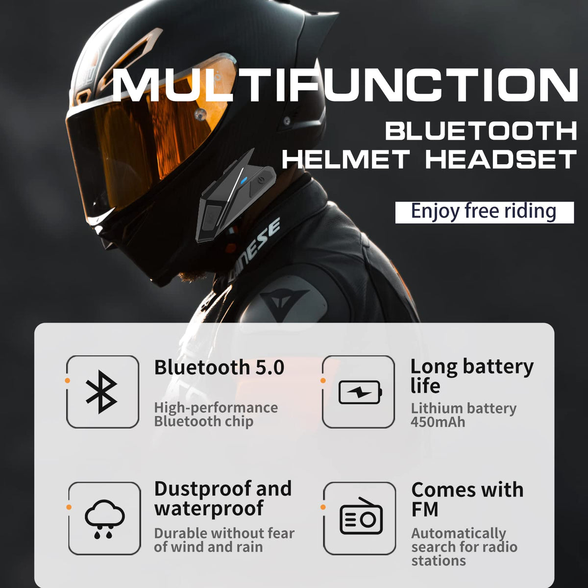 Auriculares Bluetooth VR-robot Negros para Casco de Motocicleta Impermeables con Intercomunicador Universal y Música Estéreo