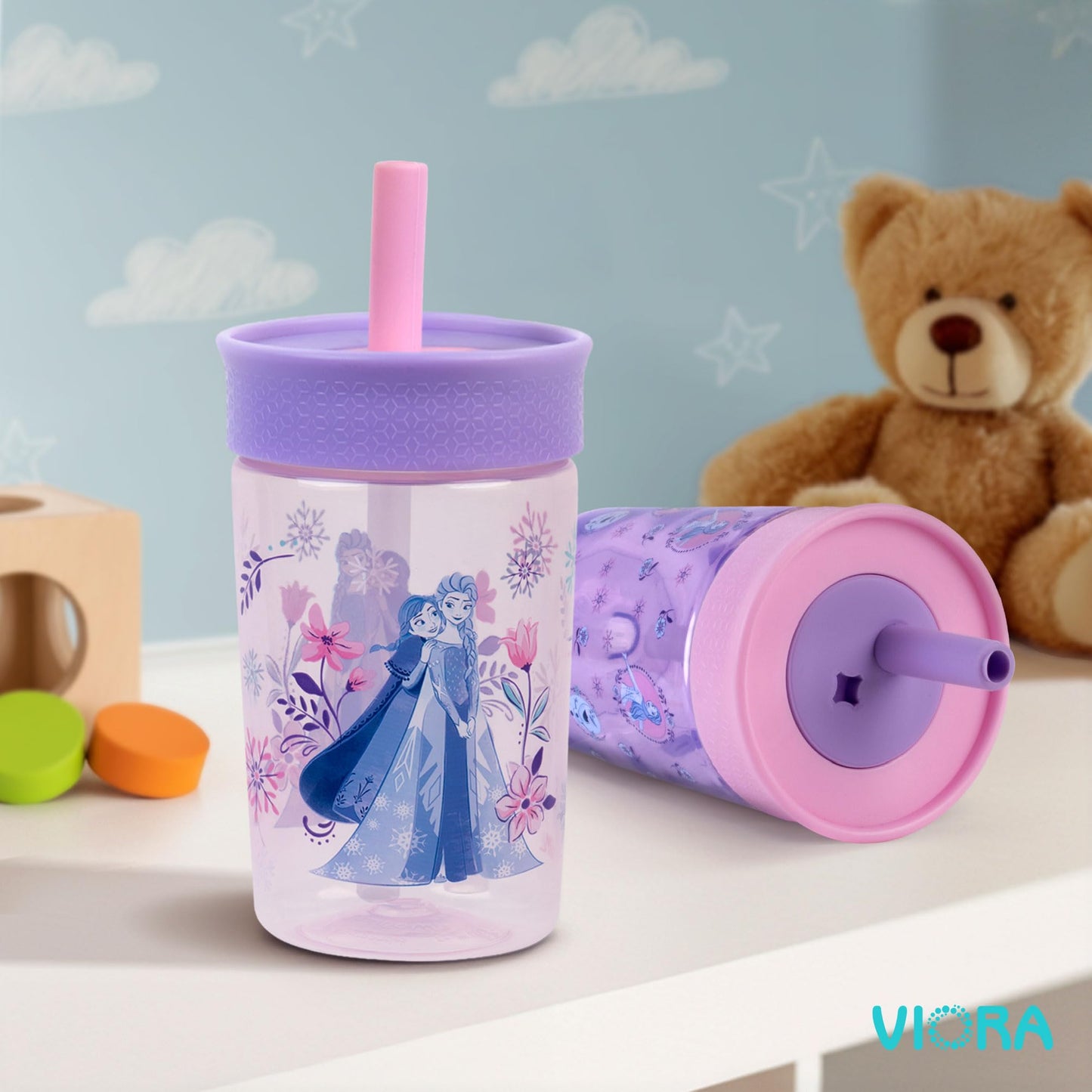 VIORA Termo Infantil Twin Tumb, Vaso Entrenador para Niños de 450 ml (2Pzs), Popote Flexible Antiderrames, Fácil de Limpiar, Ideal para Viajes, Botella de Agua para Niños, Apto para Lavaplatos