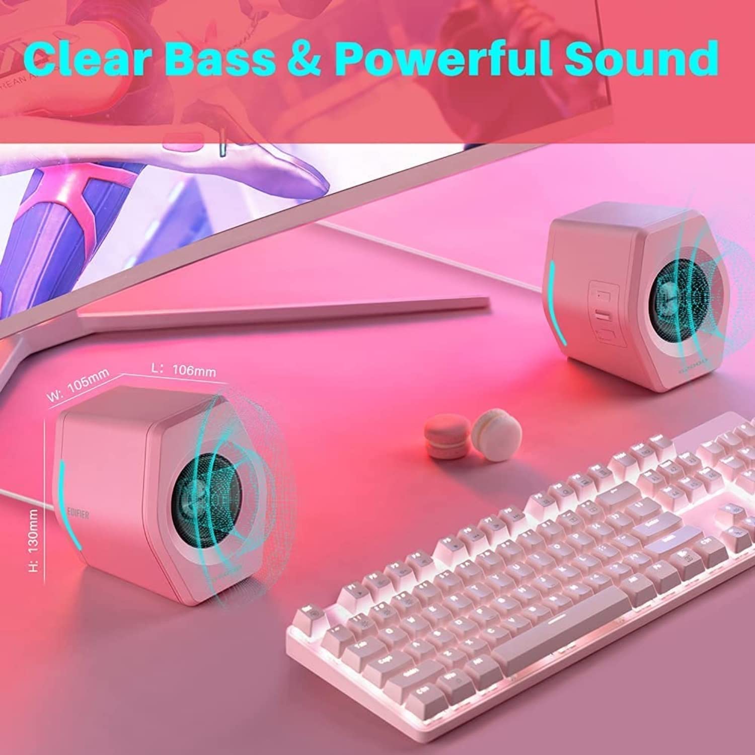 Edifier G2000 - Altavoces de computadora de 32 W para juegos, cine y música con Bluetooth, USB y AUX, RGB luces multimedia, color rosa