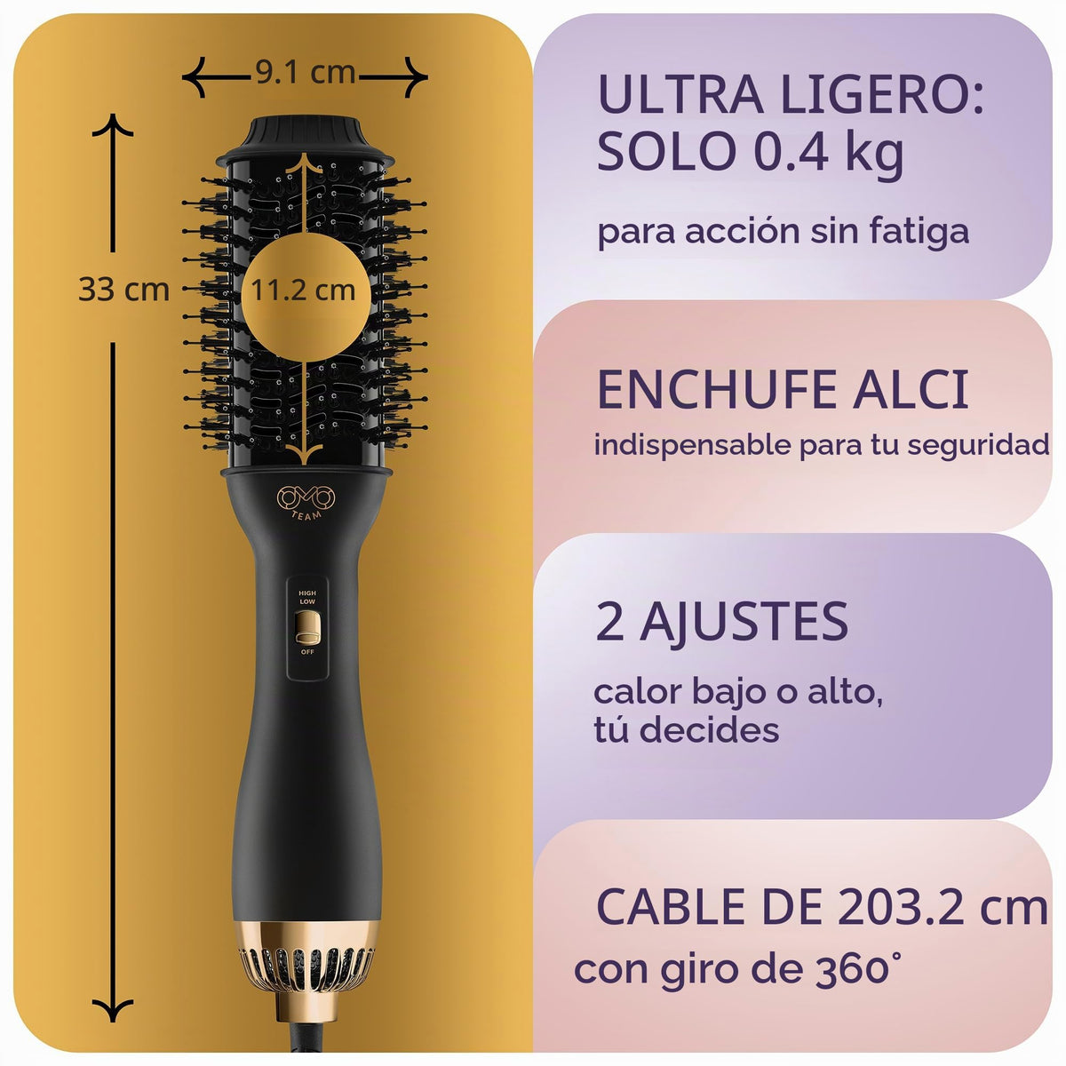 Cepillo Profesional OMOteam Oro Negro Secador y Volumizador para Mujeres