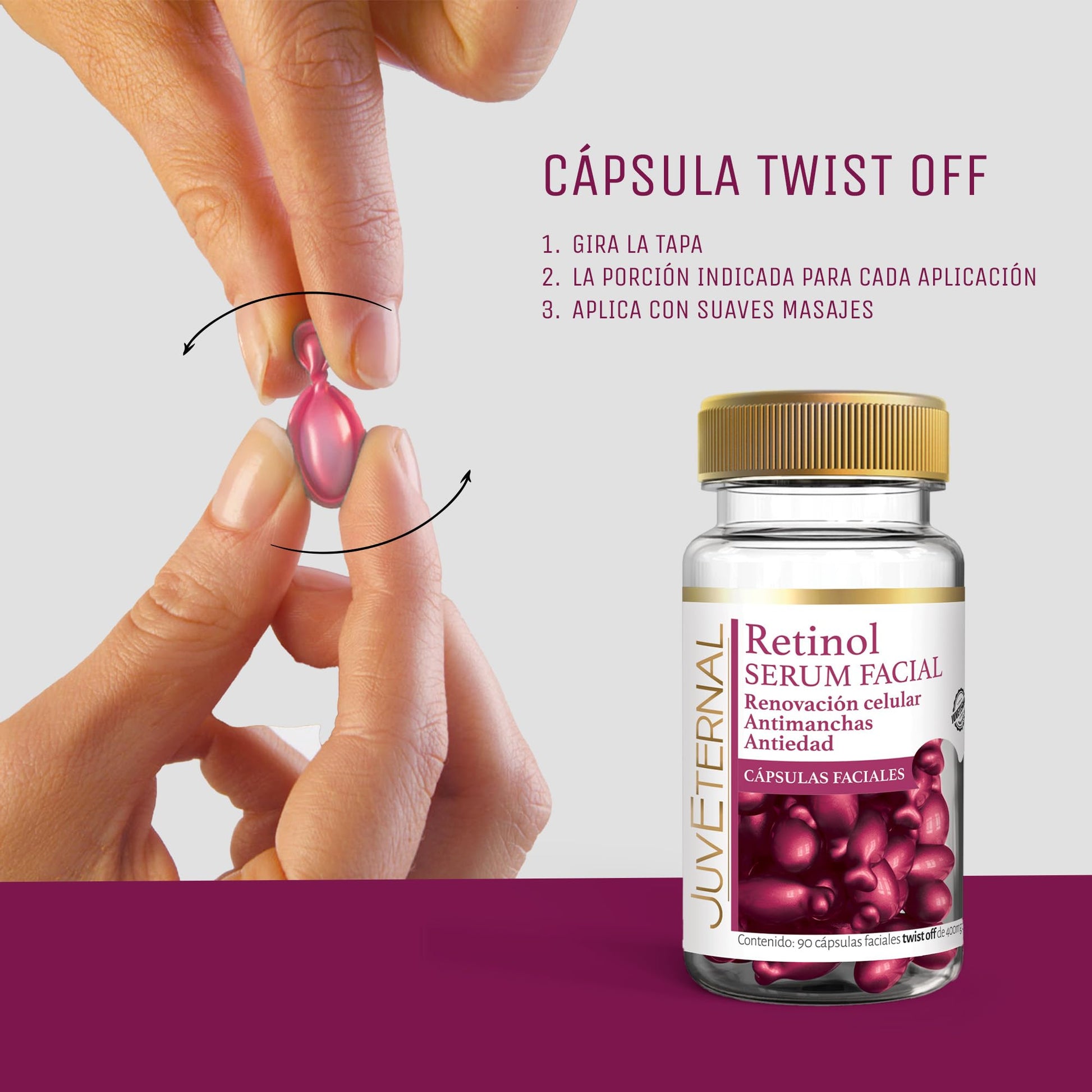 JUVETERNAL Cápsulas Faciales de Retinol 90 cápsulas Twist-Off Antimanchas, Antiedad y Rejuvenecimiento de la Piel