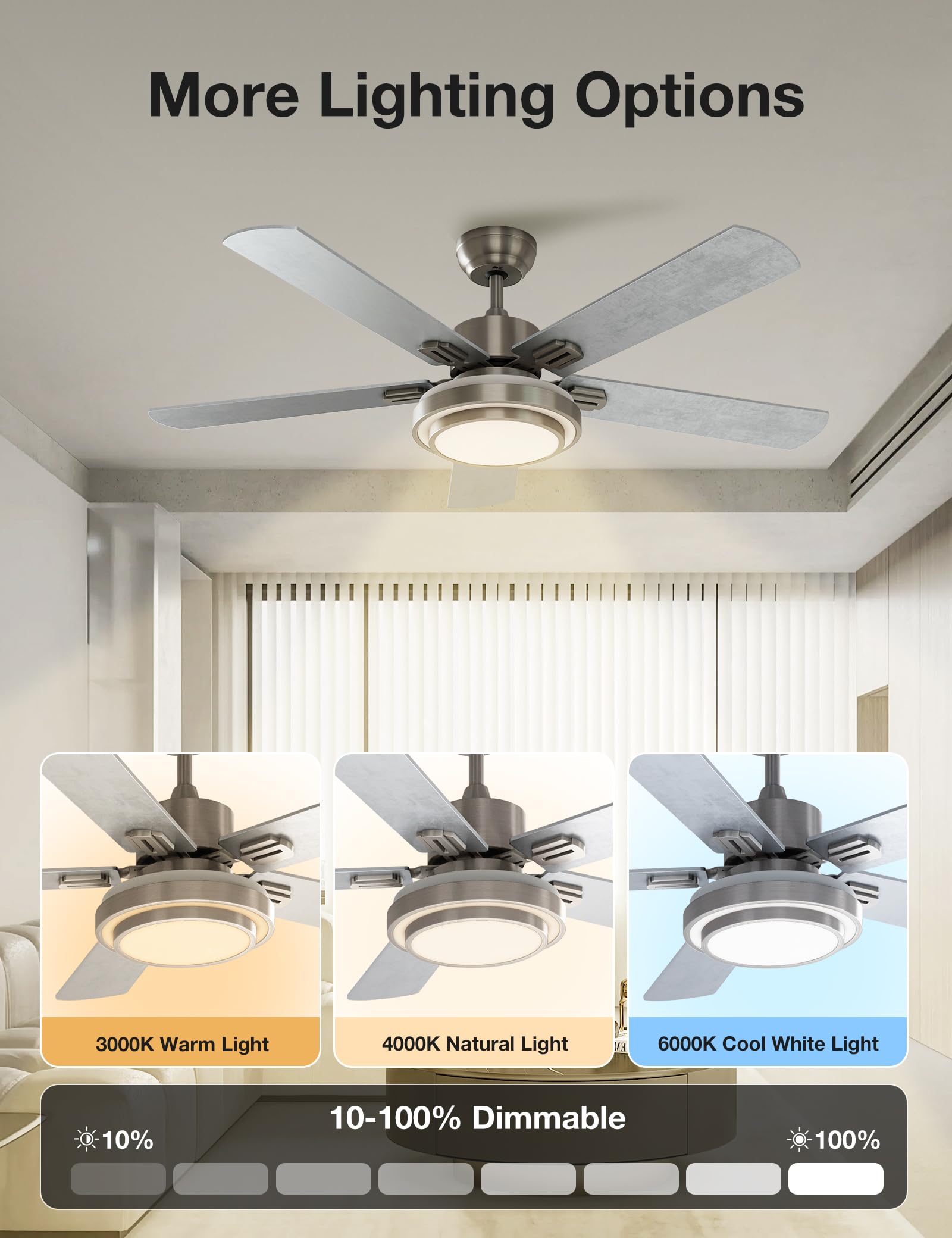 Ventilador de Techo Warmiplanet Níquel Cepillado con Control Remoto y Luces 52 Pulgadas 5 Cuchillas