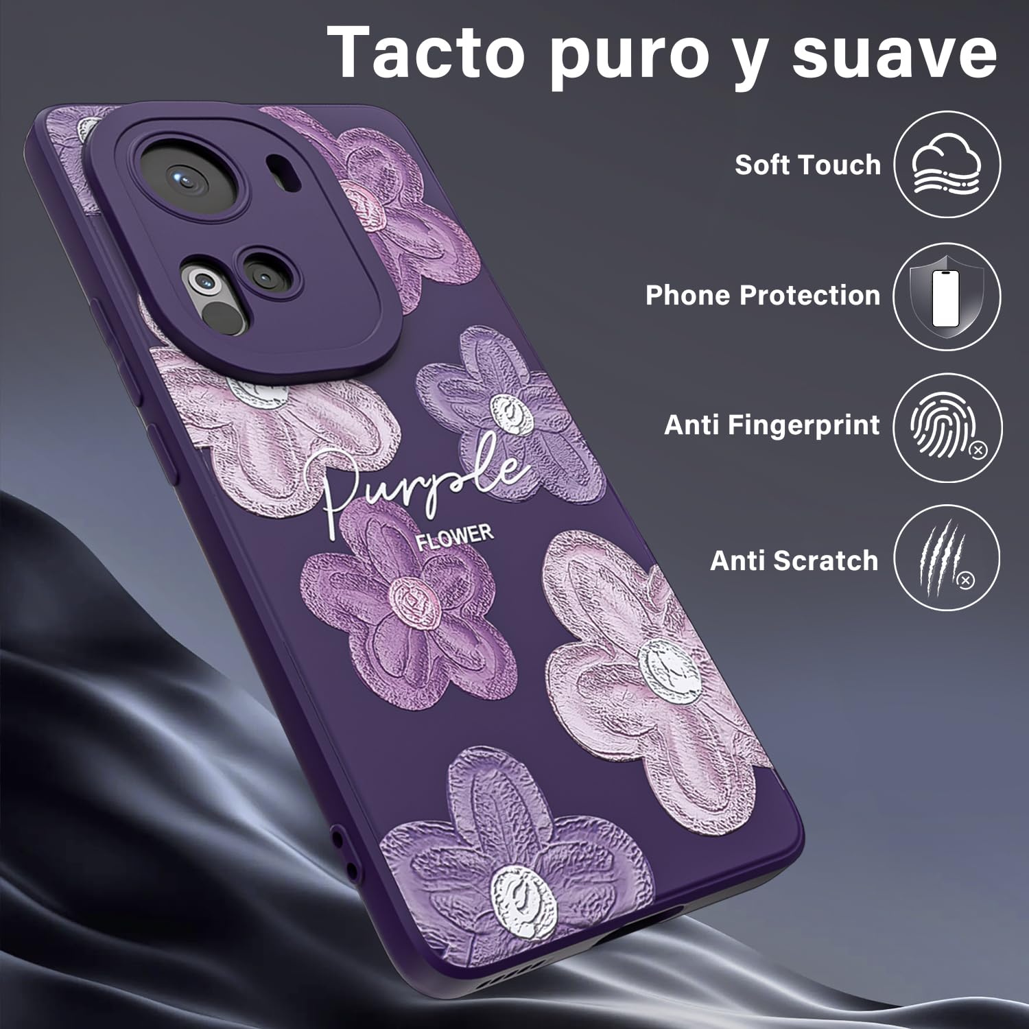 Threehao Funda para OPPO Reno 11 Case Uso Rudo, Ultra Delgado Flexible Púrpura Suave TPU Silicona Carcasa con Moda Aesthetic Dibujos Flores, Antigolpes Anti-arañazos Protectora
