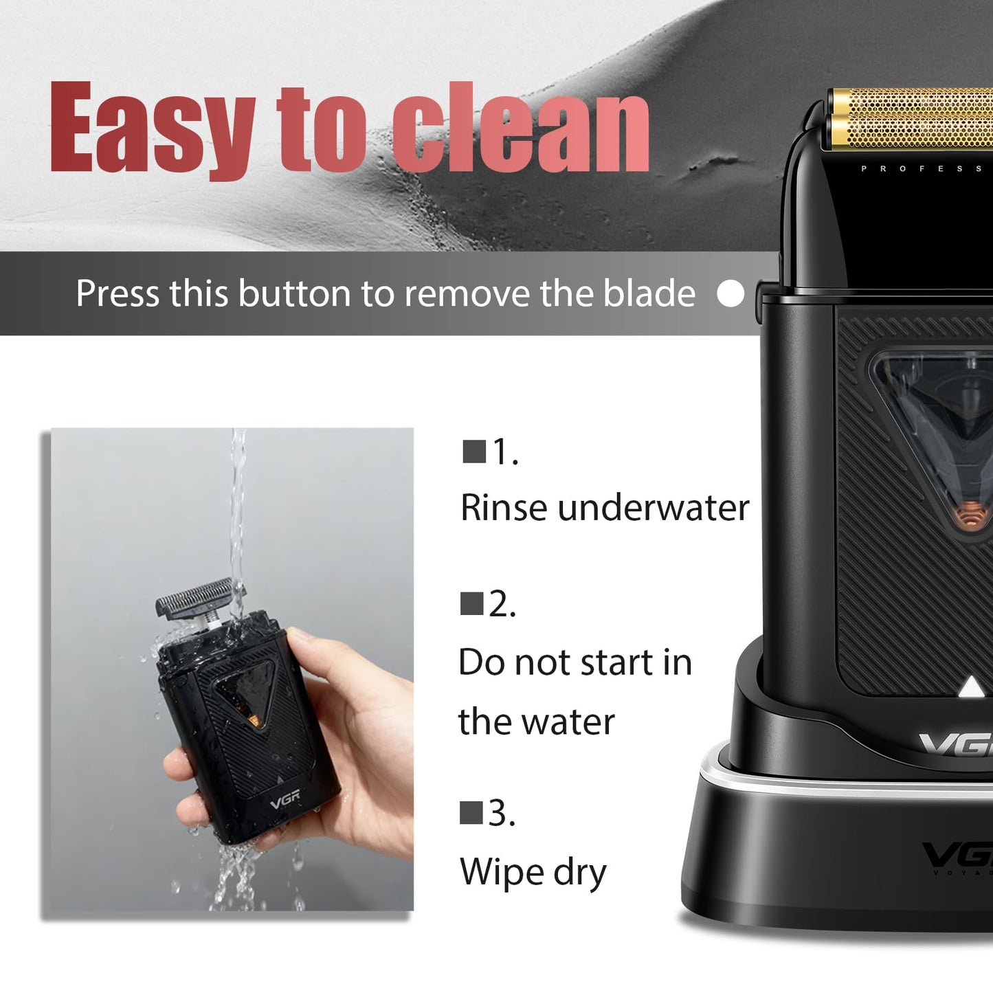 VGR Afeitadora eléctrica para hombre 334, afeitadora compacta de doble lámina con motor vectorial de 10000 rpm, máquina de afeitar de 0 mm con estación de carga inalámbrica, lámpara LED y bolsa de
