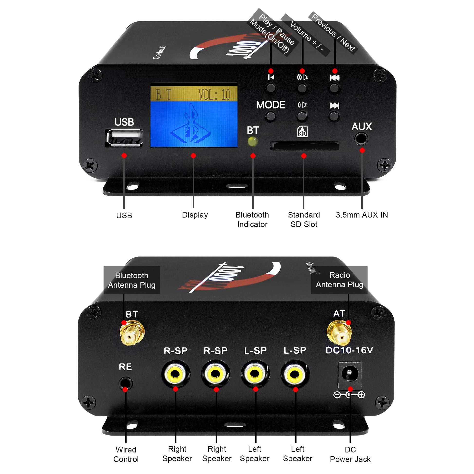 GoHawk Amplificador estéreo Bluetooth de 4 canales con radio AUX USB SD para TJ4-Q TN4-Q TS5-Q Harley Touring motocicleta ATV UTV RZR Polaris Can-Am Wildcat