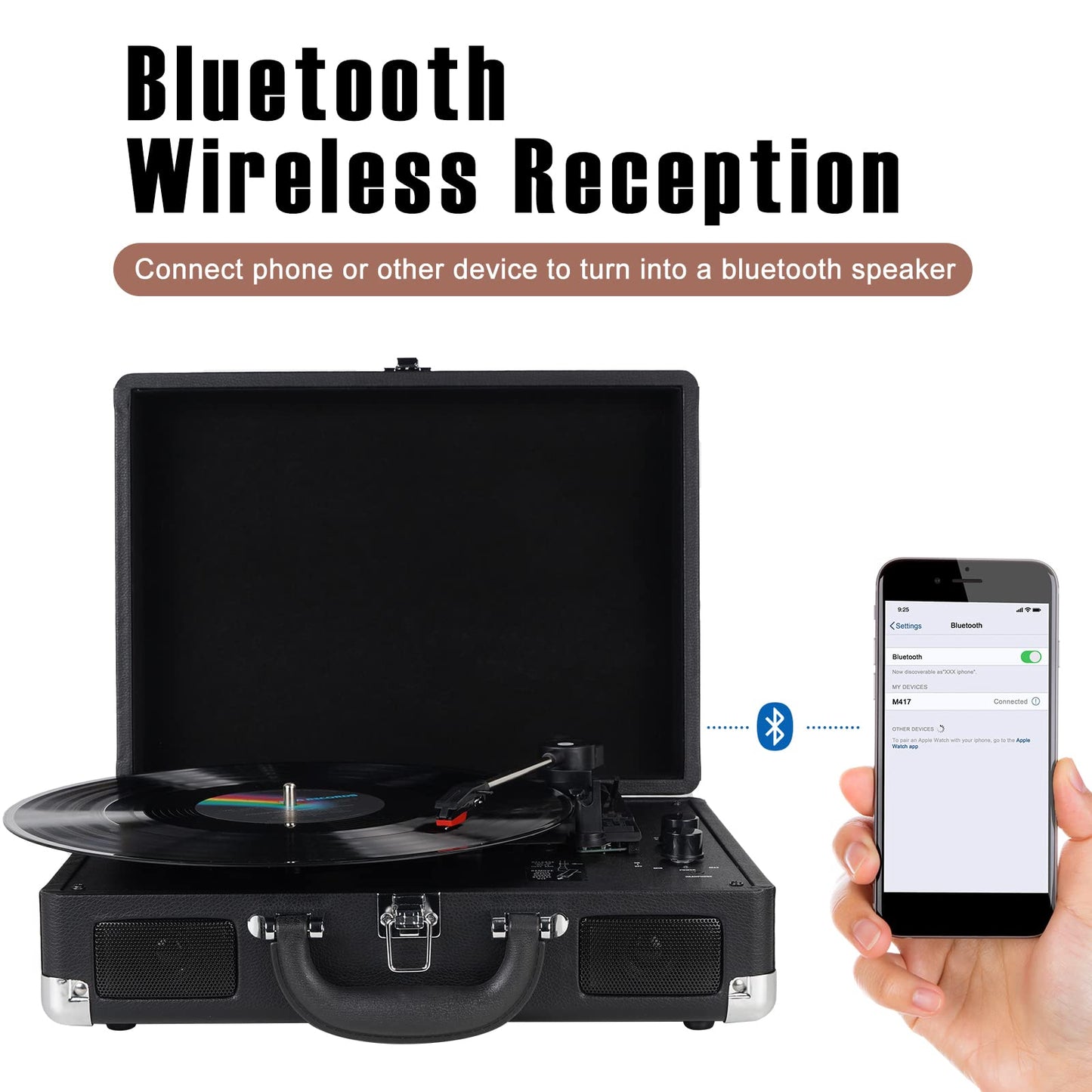 DIGITNOW Reproductor de grabación de tocadiscos de 3 velocidades con altavoces estéreo integrados, soporta salida USB/RCA, conector para auriculares, MP3/teléfonos móviles, reproducción de música, diseño de maleta (negro)