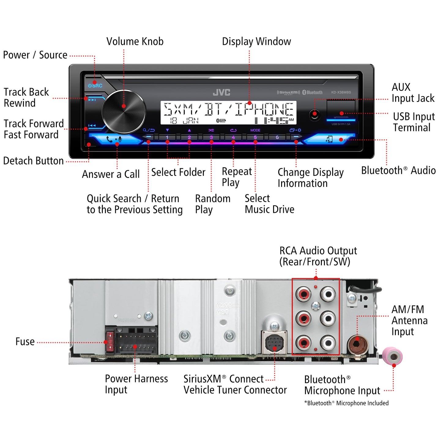 JVC KD-X38MBS, receptor multimedia digital para auto y marino con Bluetooth, USB, listo para SiriusXM, compatible con Amazon Alexa, PCB con revestimiento conforme