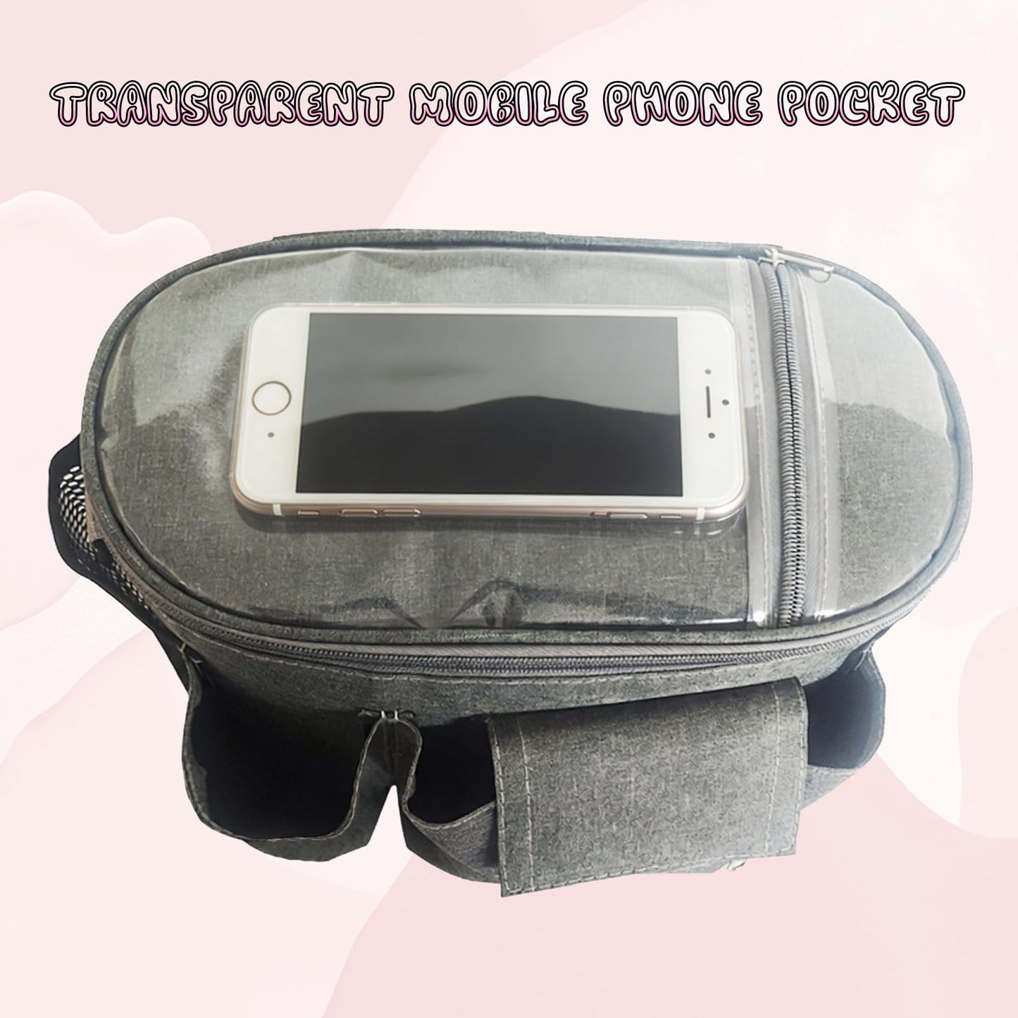 Pequeña bolsa de pañales, bolsas de viaje para mamás, múltiples bolsillos, gancho para carriola, correa ajustable, bolso portátil para padres (gris)