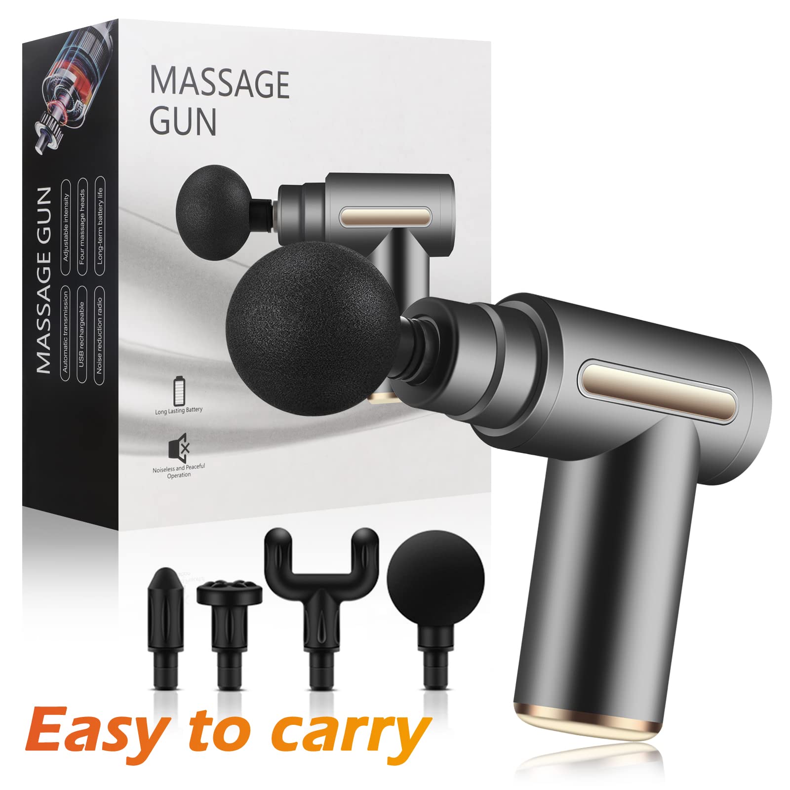 Pistola de Masaje Muscular, Uplayteck Mini Pistola de Masaje, Masajeador de Tejido Profundo Ajustables Massage Gun Portátil 4 Cabezales de Masaje para Relajar Los Músculos Aliviar el Dolor