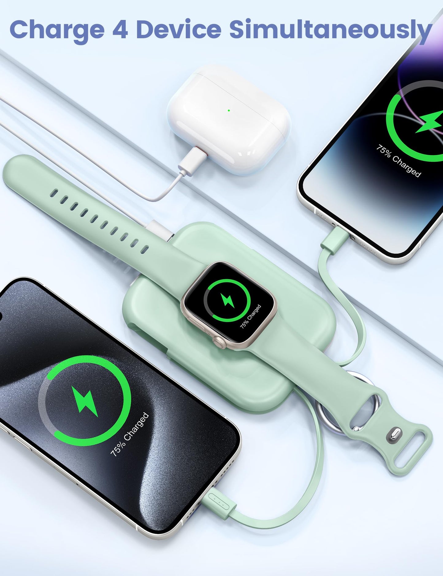Batería Portátil Rorry Verde con Cables Integrados para Apple Watch e iPhone