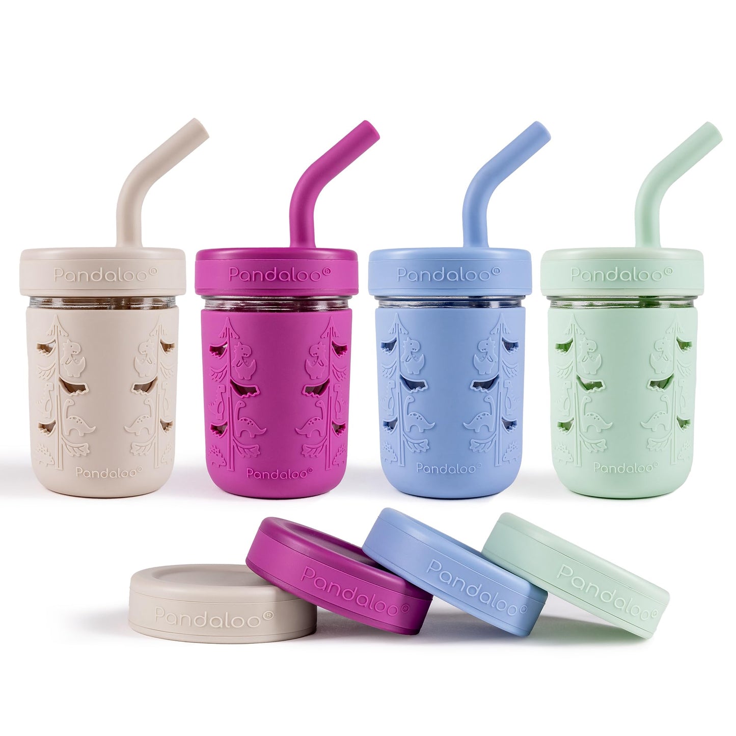 Pandaloo Mason Jar Vaso para Niños Pequeños | Vasos de Vidrio de 8 oz con Funda y Tapas de Silicona | Vasos de Batidos y Aperitivos Resistentes a Derrames para Niños | Sin BPA | Pajita Interior de