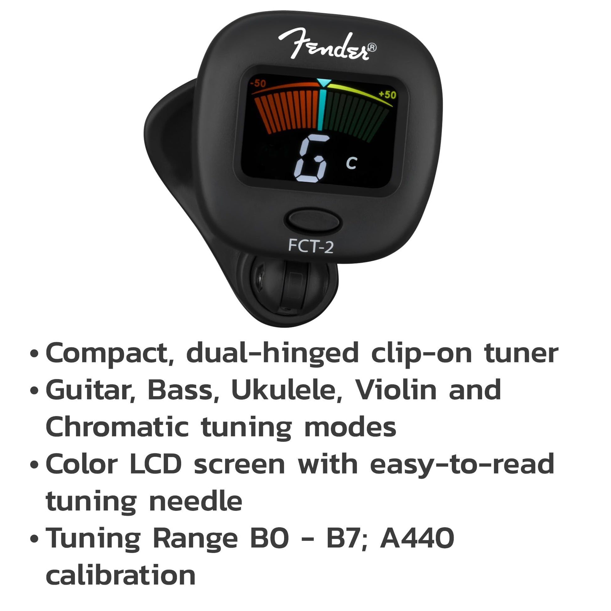 Fender FT-2 Pro Clip On Sintonizador con visualización en color para Guitarra Acústica, Guitarra eléctrica, ukelele, mandolina, violín,, Viola, Cello, mandola, de graves y Banjo