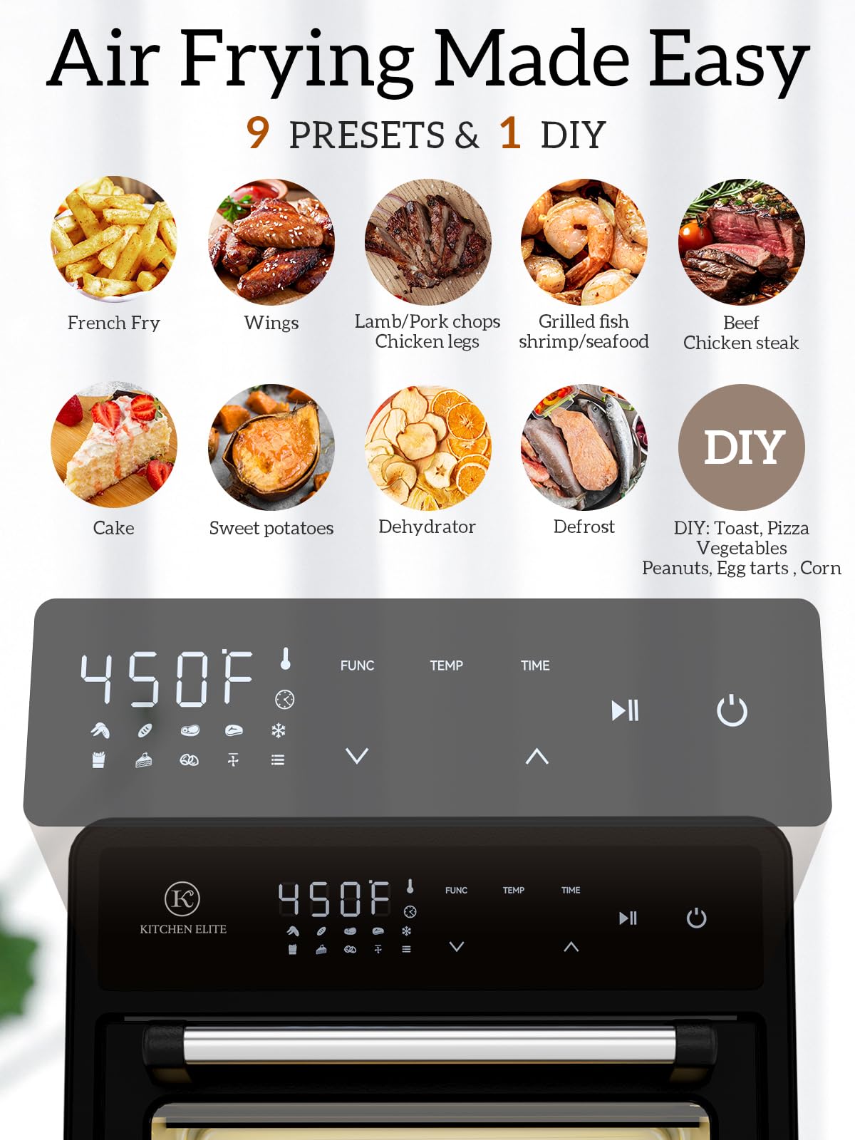 Kitchen Elite Air Freidora tostador Combo, 12.6 cuartos de galón de acero inoxidable 10 en 1, encimera de horno de convección 700 °F, no tóxico para hornear, asar, recalentar, pollos de engorde y