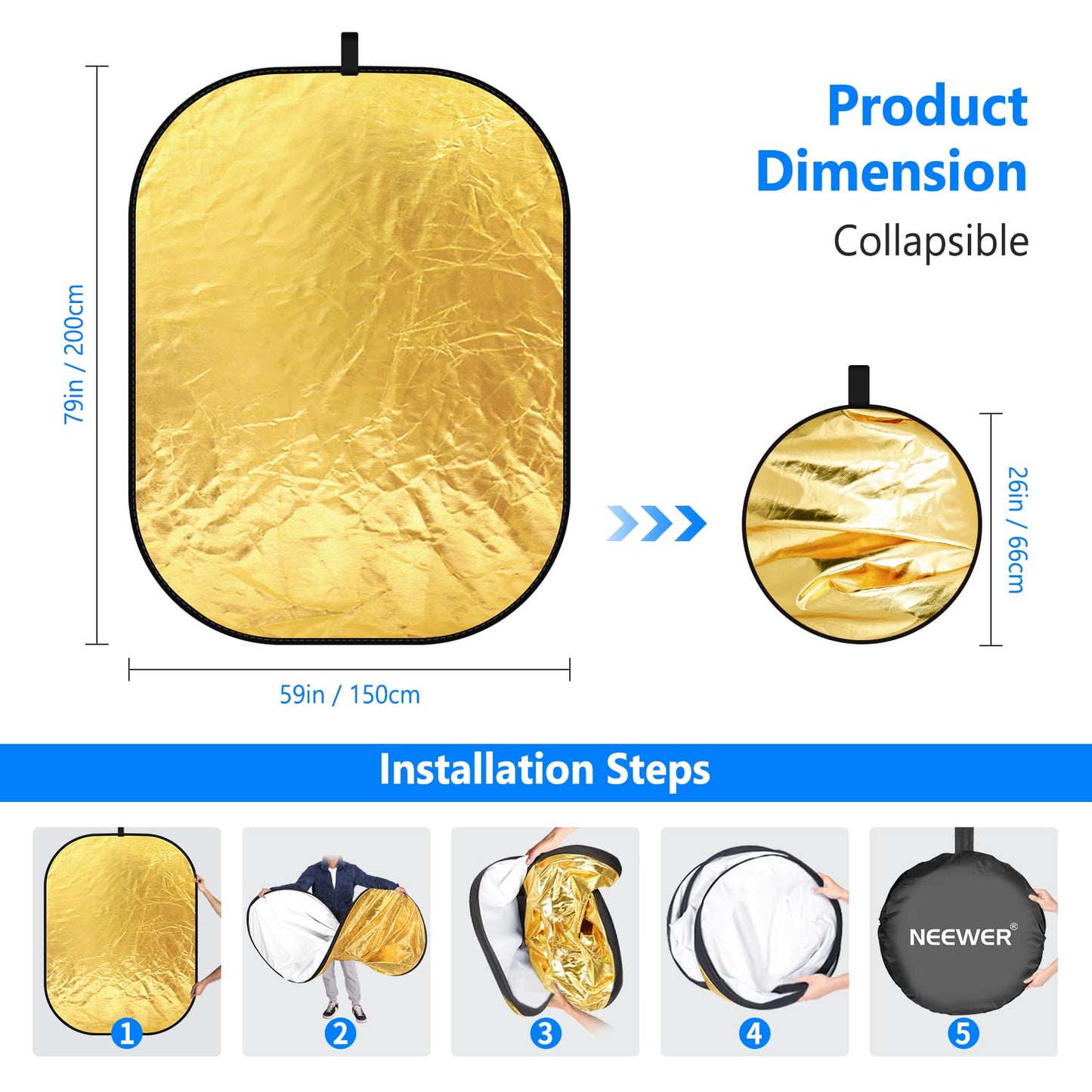 NEEWER 59"x79"/150x200cm Light Reflectors para Fotografía, Compacto 5 in 1