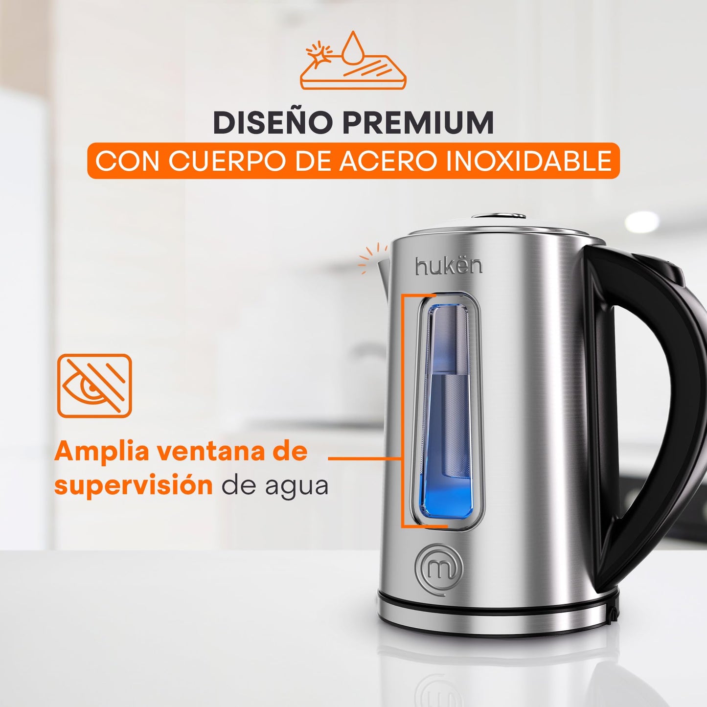 Hukën x MasterChef | Tetera Eléctrica Fuse+ con Infusor Removible | Hervidor de Vidrio/Acero Inoxidable | Base Giratoria 360° | Capacidad de 1.7 L | Calentador de Agua Rápido y Seguro (ON/OFF ACERO)