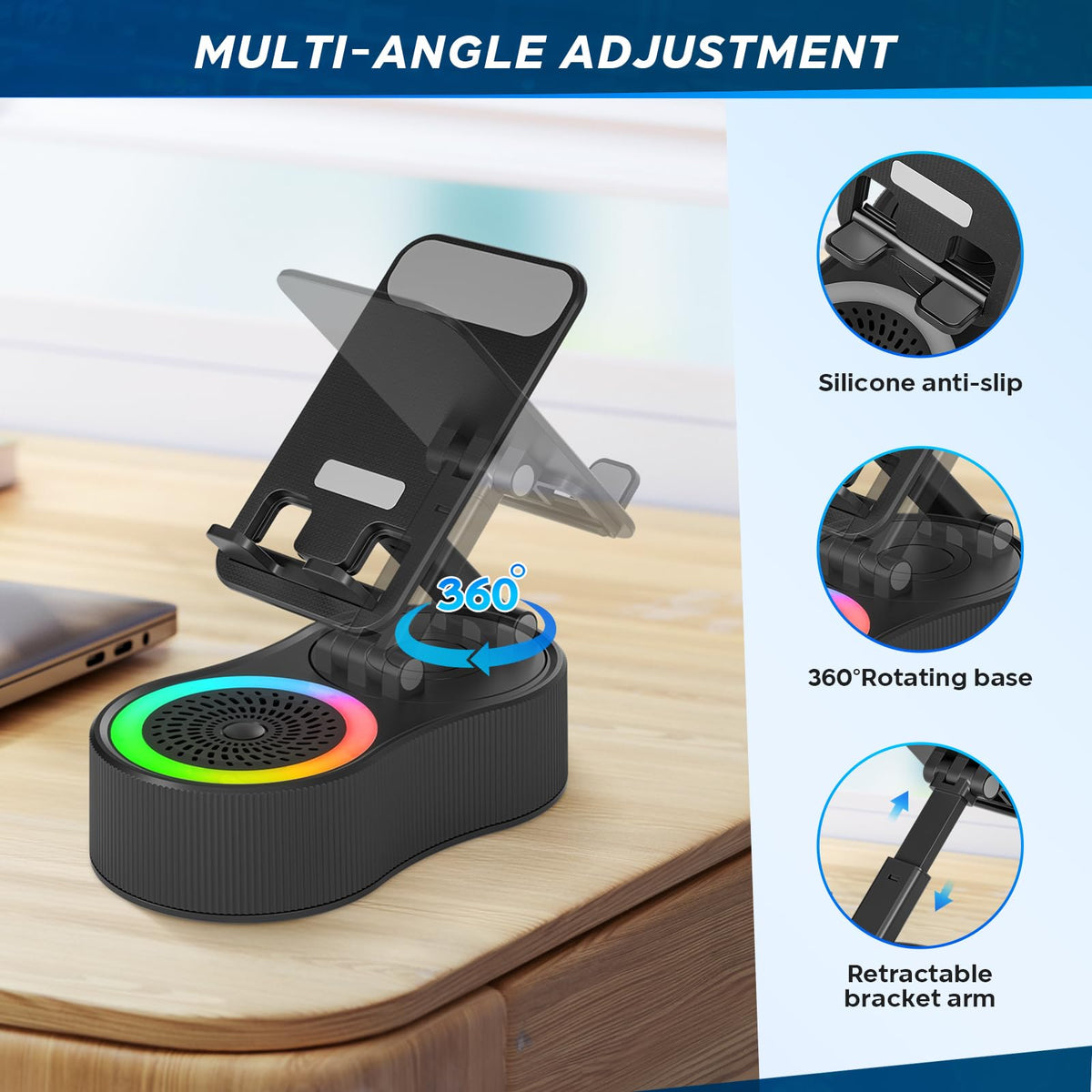 Soporte para Teléfono Celular con Altavoz Bluetooth Inalámbrico Giratorio 360° y Ajustable con Carga para Tableta
