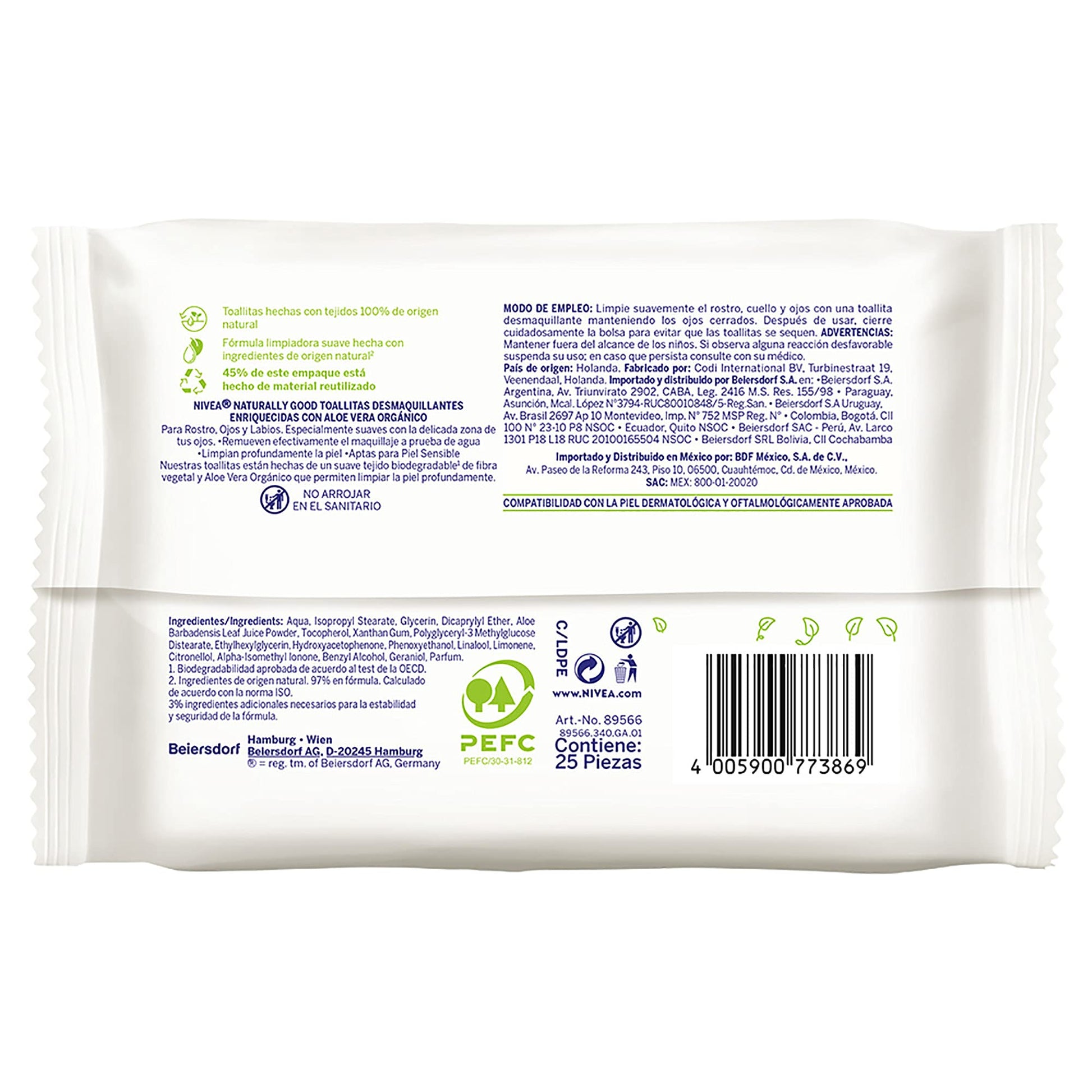 NIVEA Toallitas Faciales Desmaquillantes Biodegradables Naturally Good (25 piezas), Enriquecidas con Aloe Vera Orgánico, Remueven maquillaje a prueba de agua, ideal para Todo tipo de Piel