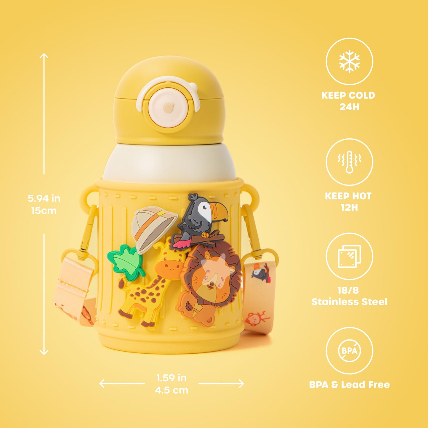 Le Glacier - Juego de vasos aislantes para niños, 16 onzas, botella de agua de acero inoxidable con tapa de popote y tapa para verter, taza a prueba de fugas, funda de silicona, dijes y correa