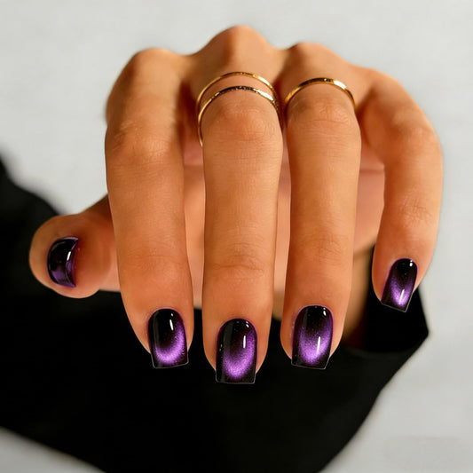 SXVME Uñas postizas de ojo de gato cortas, hechas a mano, cuadradas, gruesas, cromadas, negras y moradas, para mujer, para fiestas de cumpleaños, reutilizables, con imán y purpurina, 15 tamaños, 30 un