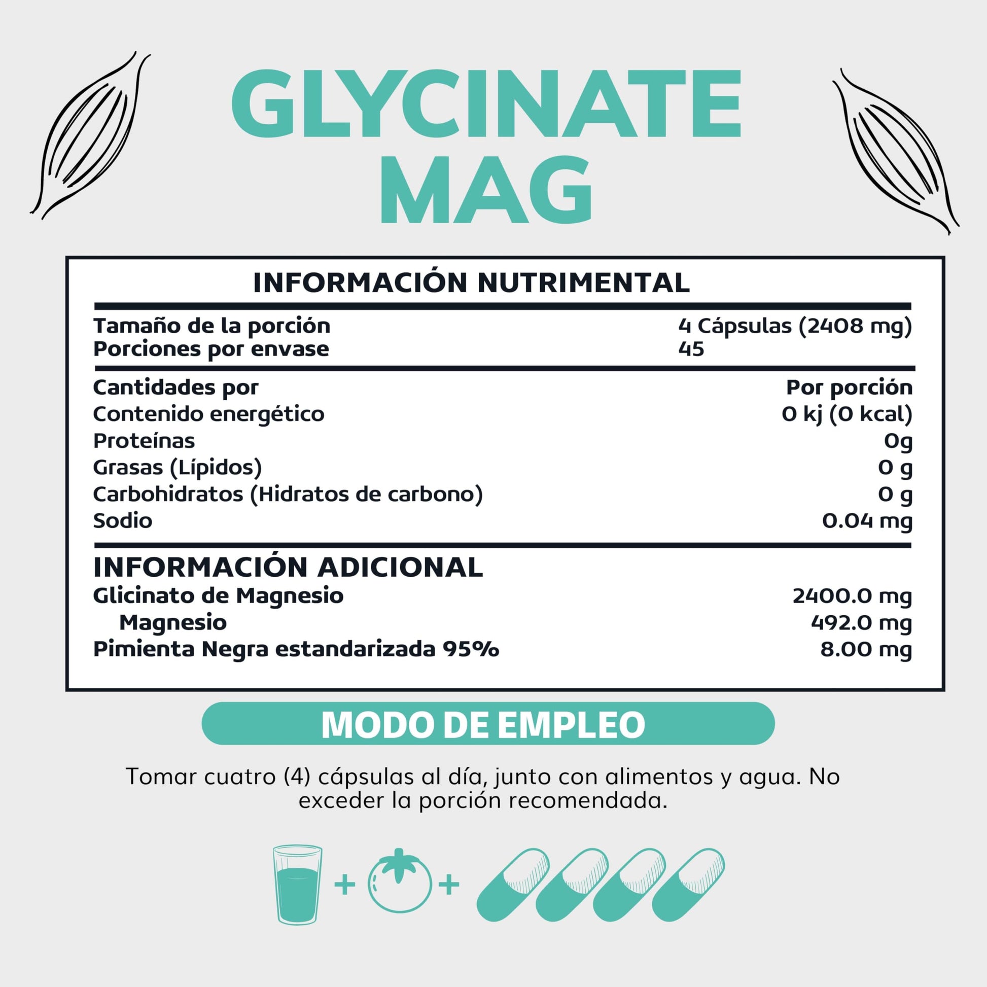 Glicinato de Magnesio Quelado | 20-100% mayor aporte de Magnesio por porción | Fortalecido con Piperina al 95% para mejor biodisponibilidad | 2400mg Glycinate Magnesium Beyond Vitamins | Suplemento Alimenticio Vegano - Ingredientes NON GMO (180 Cápsulas)