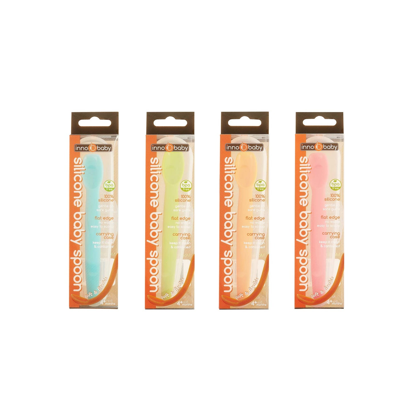Innobaby - Cuchara de silicona para bebé con funda de transporte (4 unidades) (agua, mango, verde, rosa)