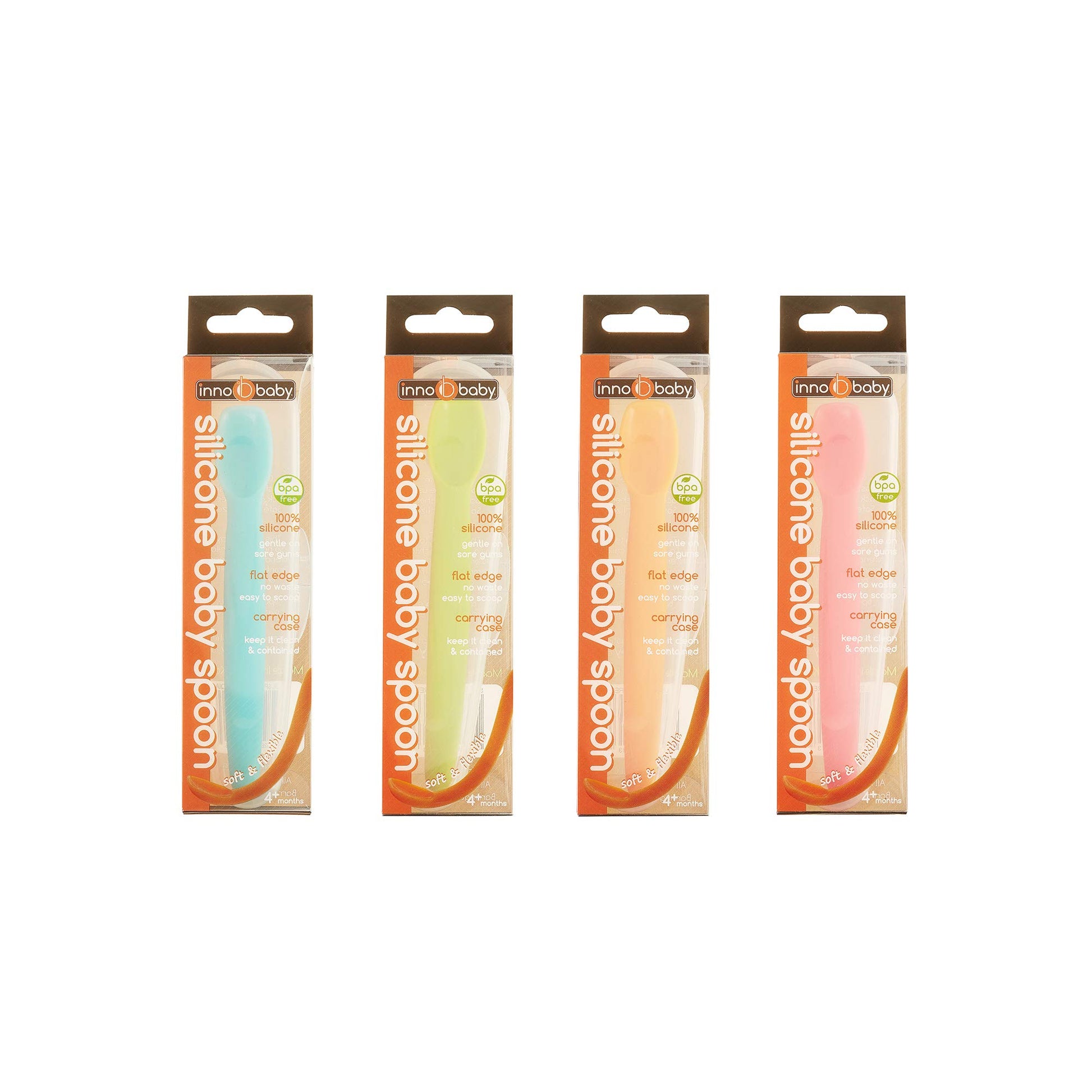 Innobaby - Cuchara de silicona para bebé con funda de transporte (4 unidades) (agua, mango, verde, rosa)