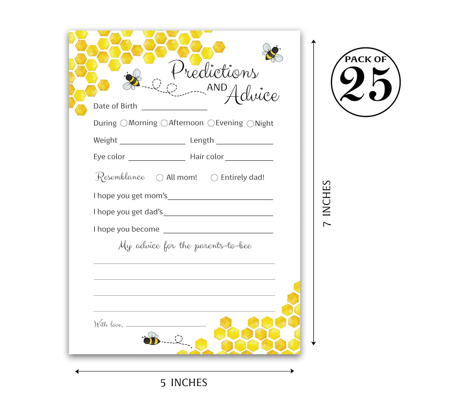 Tarjetas de predicción y consejos de abeja – Paquete de 25 – Juegos de baby shower de abejorro, amarillo neutro abejorro, nuevos padres, mensaje de mamá y papá, mensaje de mamá y papá, recuerdo de actividad de coed de abeja miel G620-PDAV