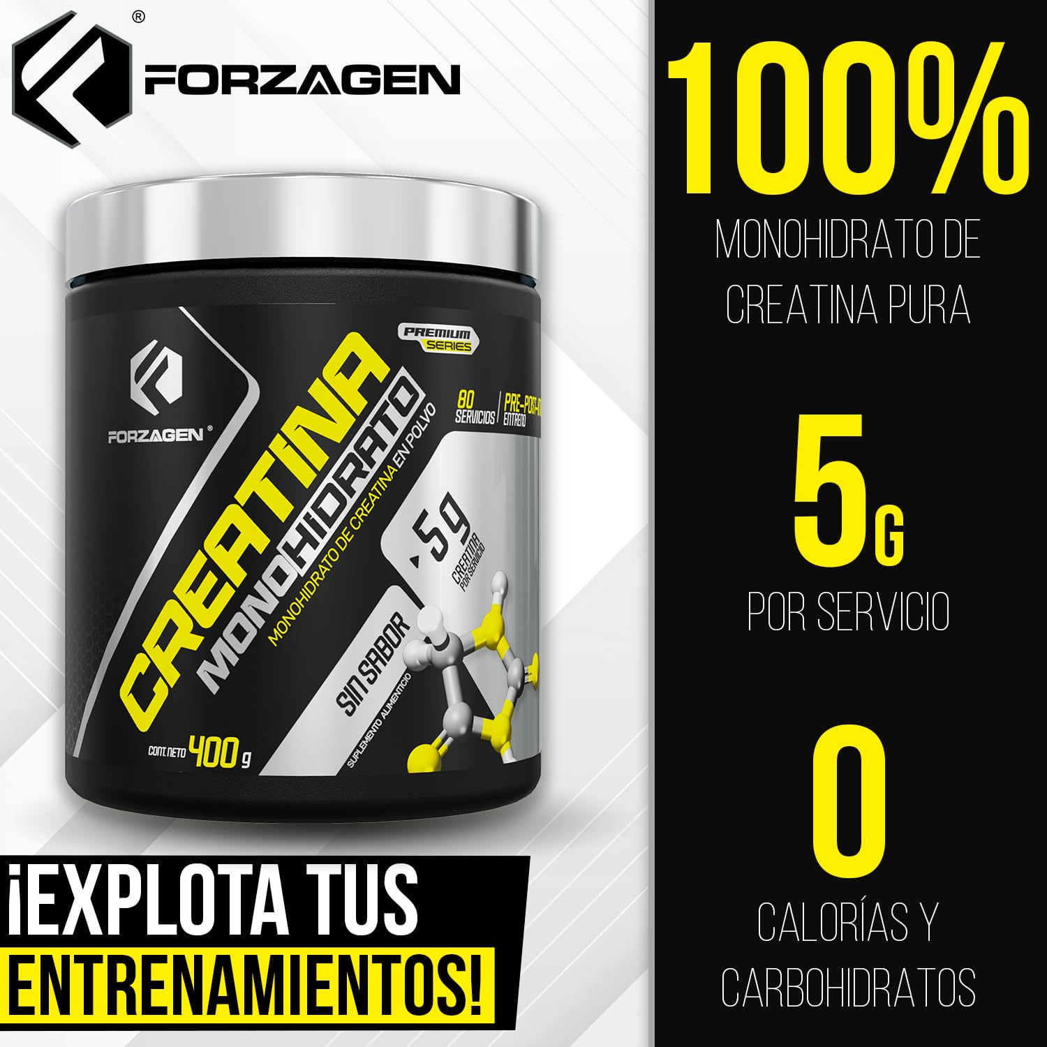 Forzagen | Creatina Monohidrato 100% Pura | 5 g de Creatina | 80 Servicios | Sin Sabor | Pre Entrenamiento | Alto Rendimiento | 400 g