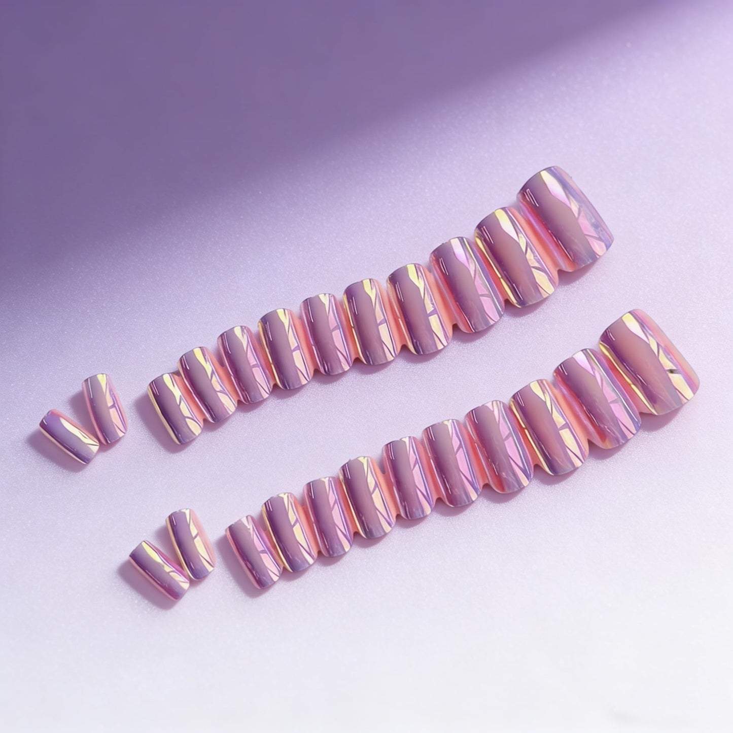 SXVME Uñas postizas cuadradas cortas medianas - Uñas postizas en cromo rosa bebé iridiscente con pegamento para mujer, uñas postizas de gel brillante, uñas postizas reutilizables, 24 unidades
