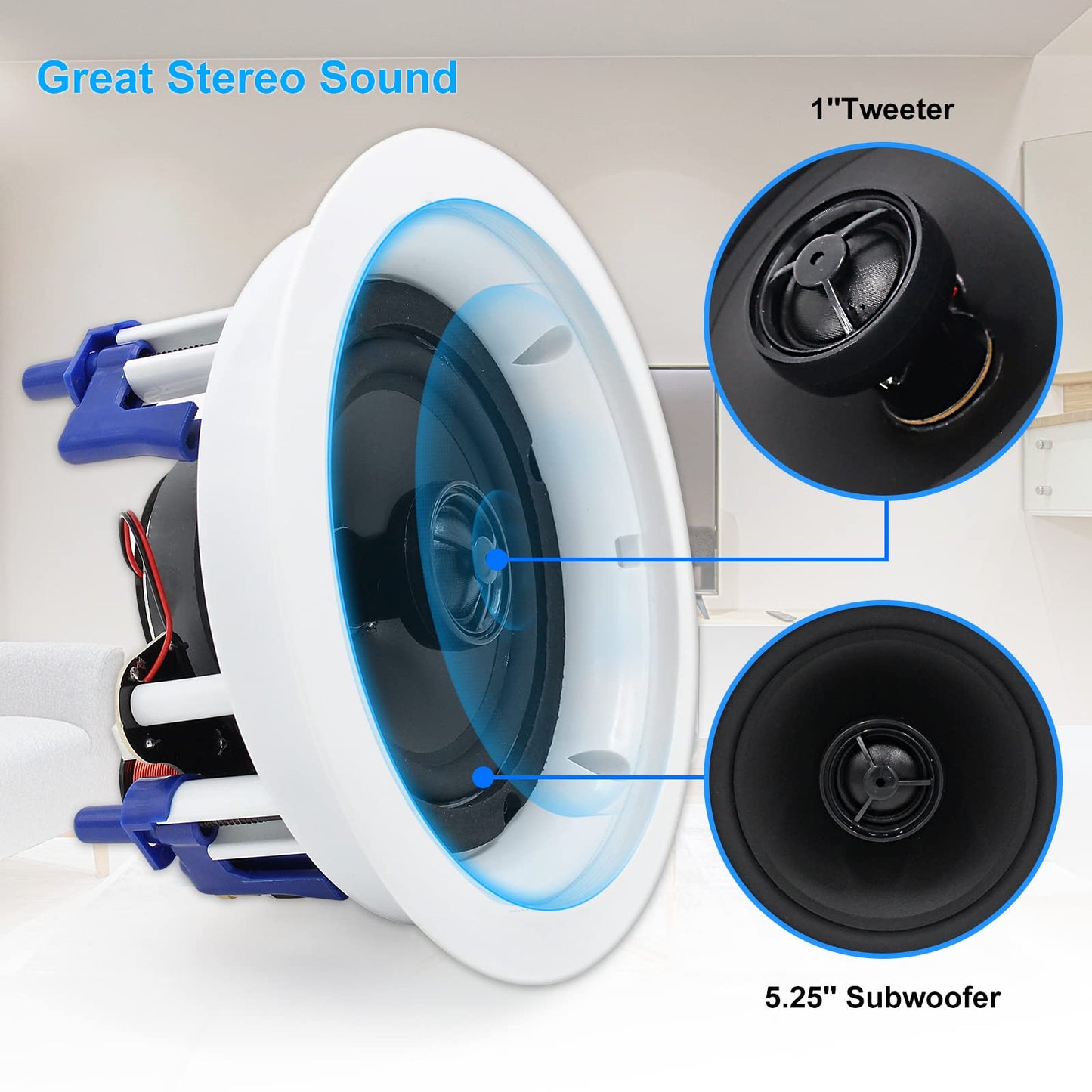 Herdio Altavoces de Techo de 5.25 Pulgadas, 600 W, Montaje Empotrado de 2 vías, Altavoz de Pared para Cine en casa, Interior, baño, Oficina, porches Cubiertos (2 Pares, Blanco)
