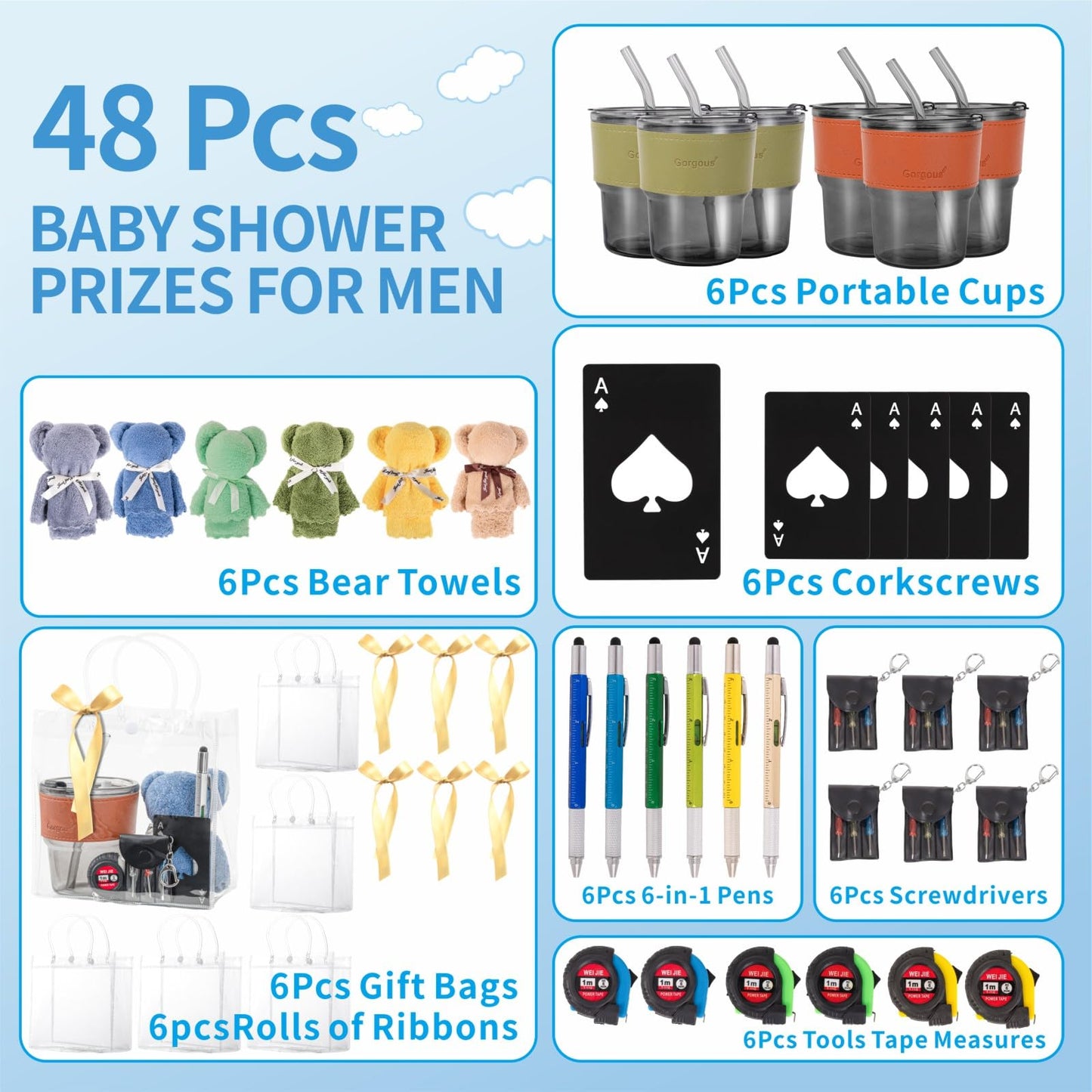 Buecobby - Juego de 6 premios para baby shower para hombres, con paño de limpieza de vasos de vidrio, mini destornillador, juego de llaveros, multiherramientas, divertidos premios útiles para