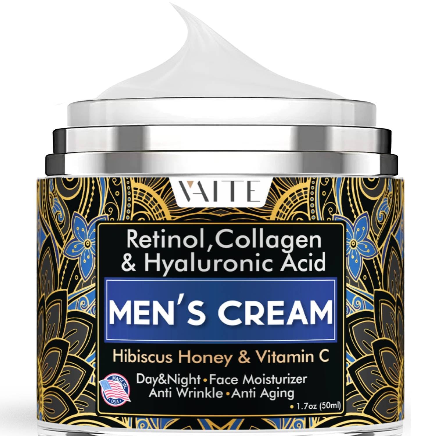 VAITE Crema facial para hombres con colágeno, retinol, antienvejecimiento, antiarrugas debajo de los ojos Crema para el cuidado de la cara para hombres con hibisco y miel, ácido hialurónico, vitamina C Fabricado en EE. UU.