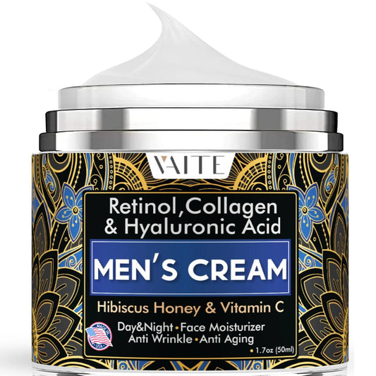 VAITE Crema facial para hombres con colágeno, retinol, antienvejecimiento, antiarrugas debajo de los ojos Crema para el cuidado de la cara para hombres con hibisco y miel, ácido hialurónico, vitamina C Fabricado en EE. UU.