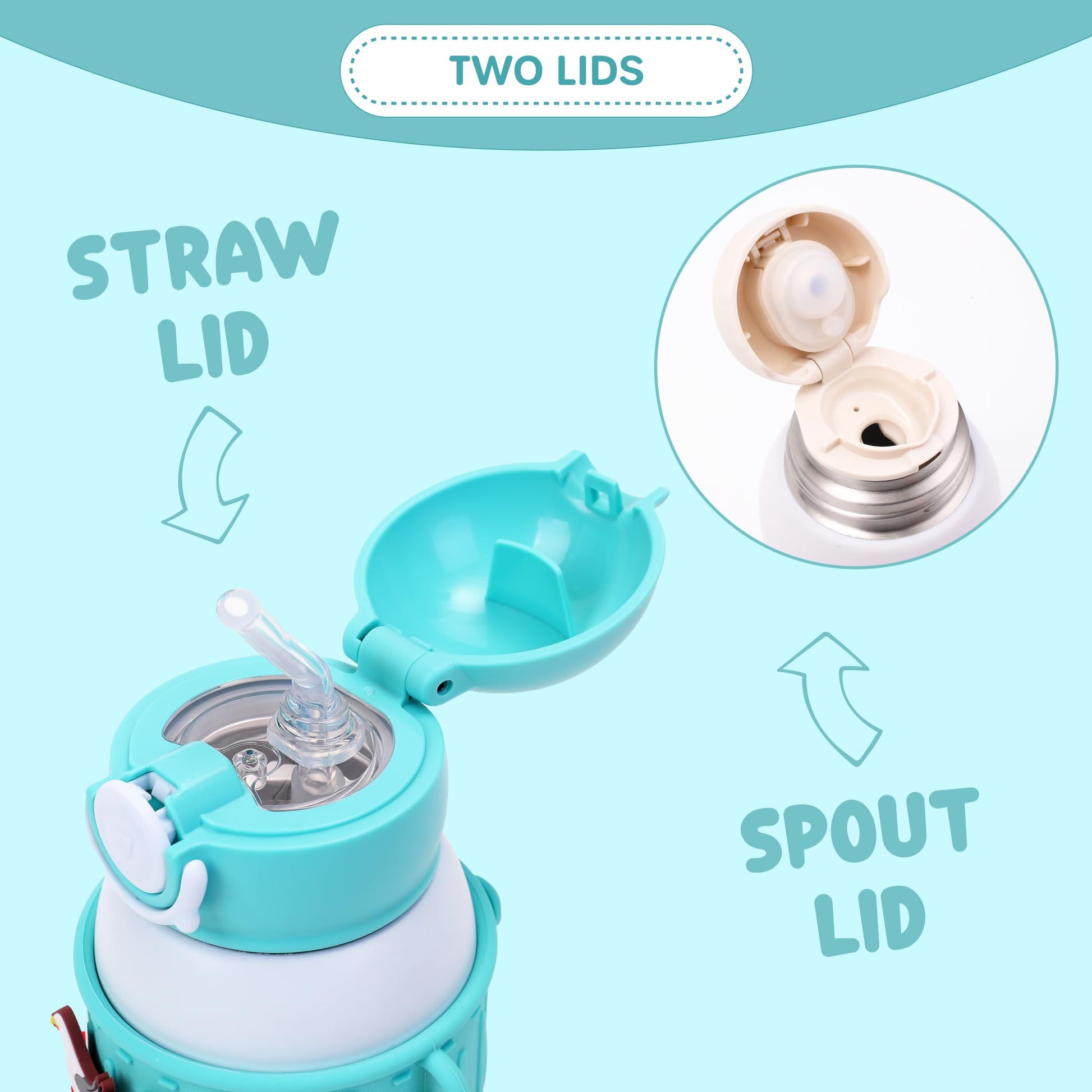 Le Glacier - Juego de vasos aislantes para niños, 16 onzas, botella de agua de acero inoxidable con tapa de popote y tapa para verter, taza a prueba de fugas, funda de silicona, dijes y correa
