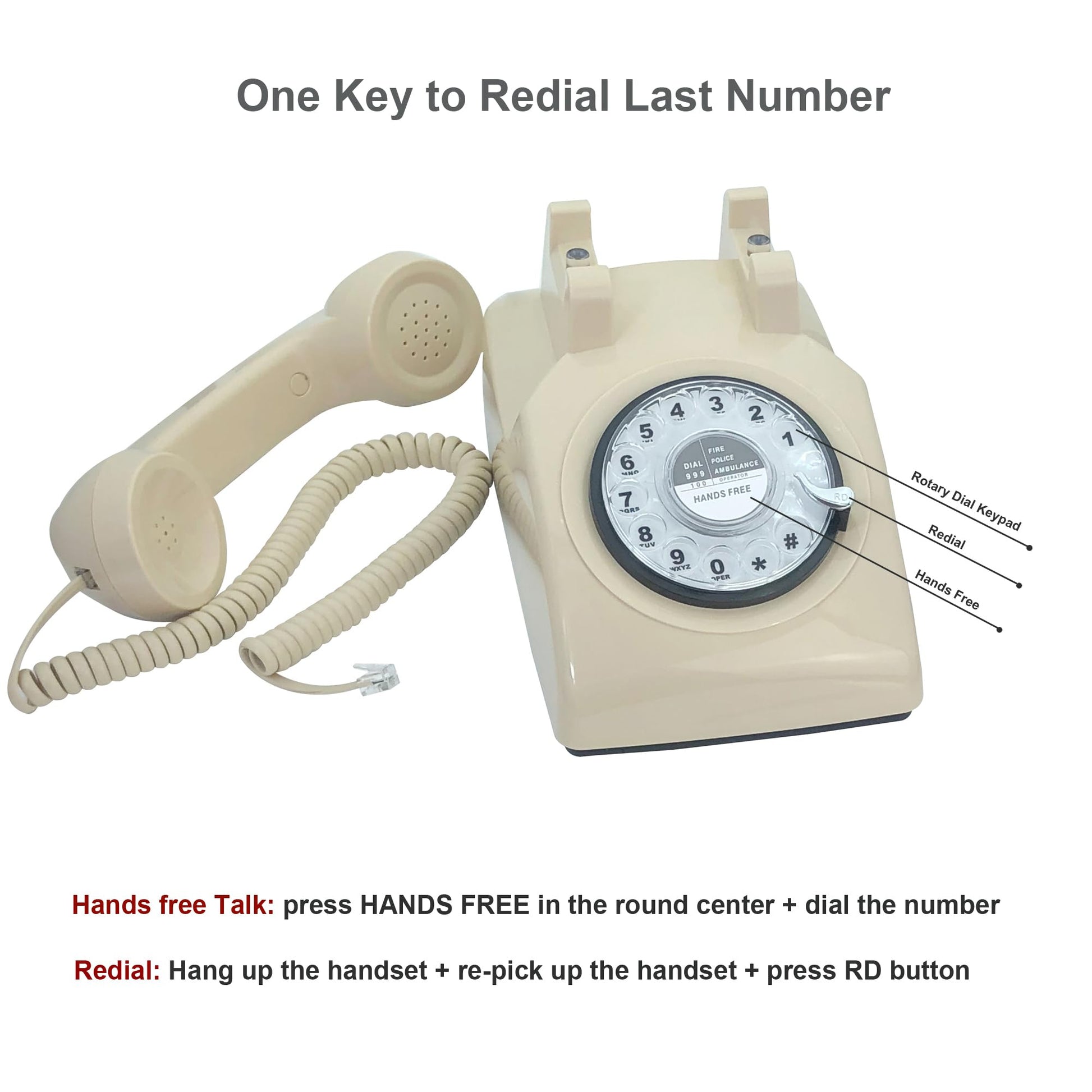 TelPal - Teléfonos fijos para el hogar, teléfono retro de la antigua moda, teléfono casero con cable manos libres con teclado rotativo, oficina, hotel, teléfono antiguo Shcool, 301-Ivory