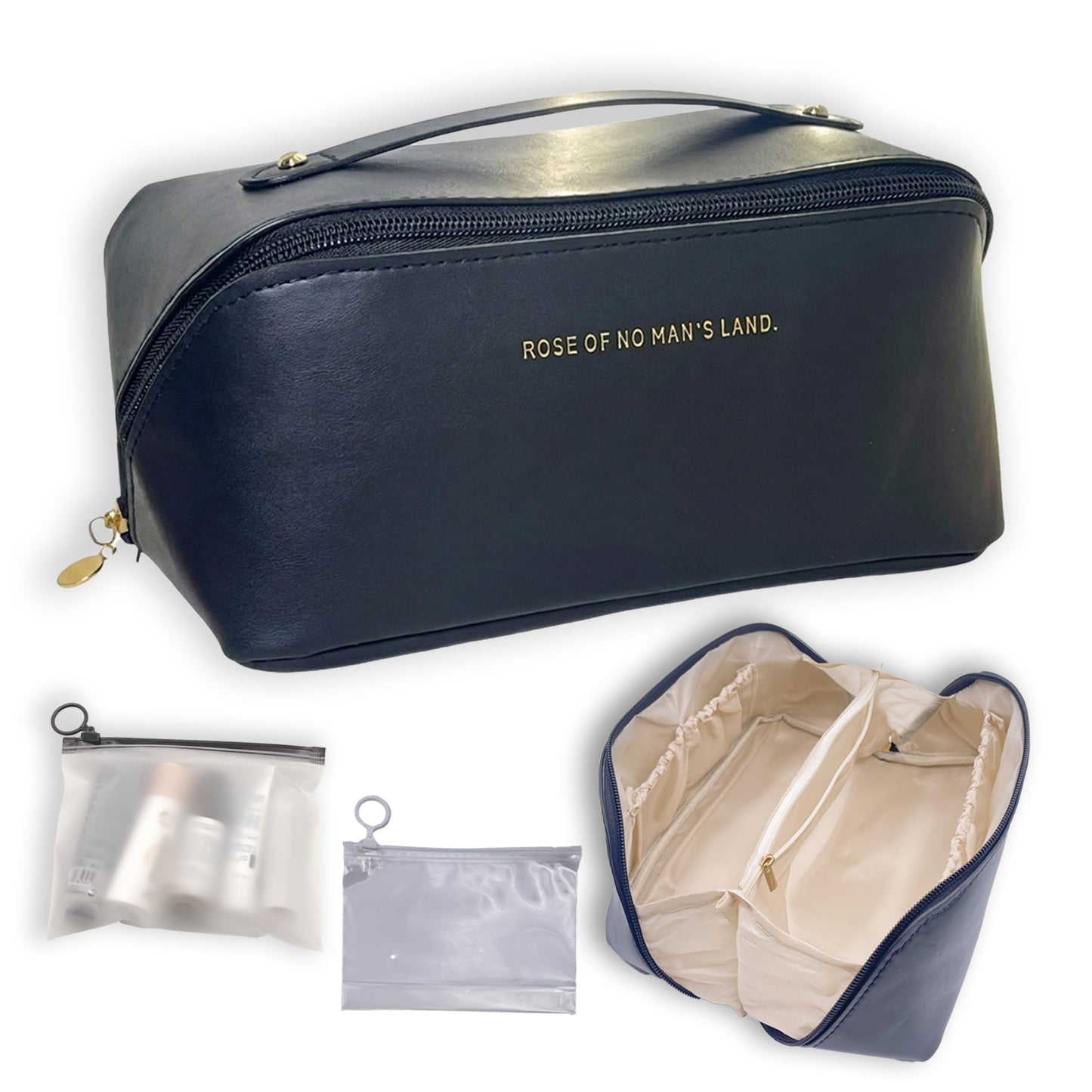 Meruya Bolsa de maquillaje de viaje, organizador de cosméticos de múltiples bolsillos con apertura amplia y divisor, bolsa de aseo de piel sintética con 2 mini bolsas de almacenamiento, Negro